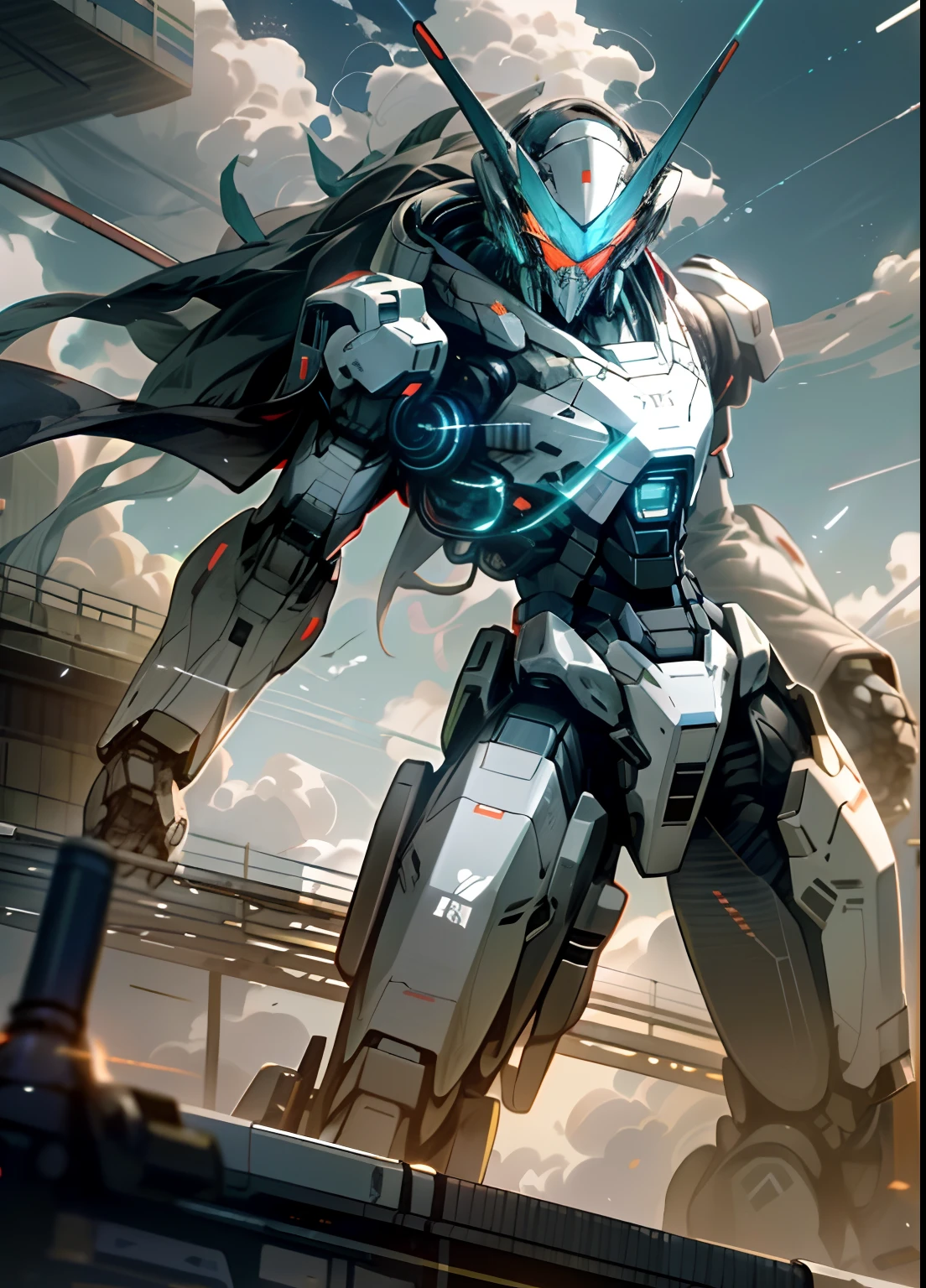 Skysky,clouds,holding_weapon,no_humans,with light glowing,,droid,buliding,glowing_eyes,mecha,scientific fiction,城市,Realistis,mecha,streamline,velocity,Colourful