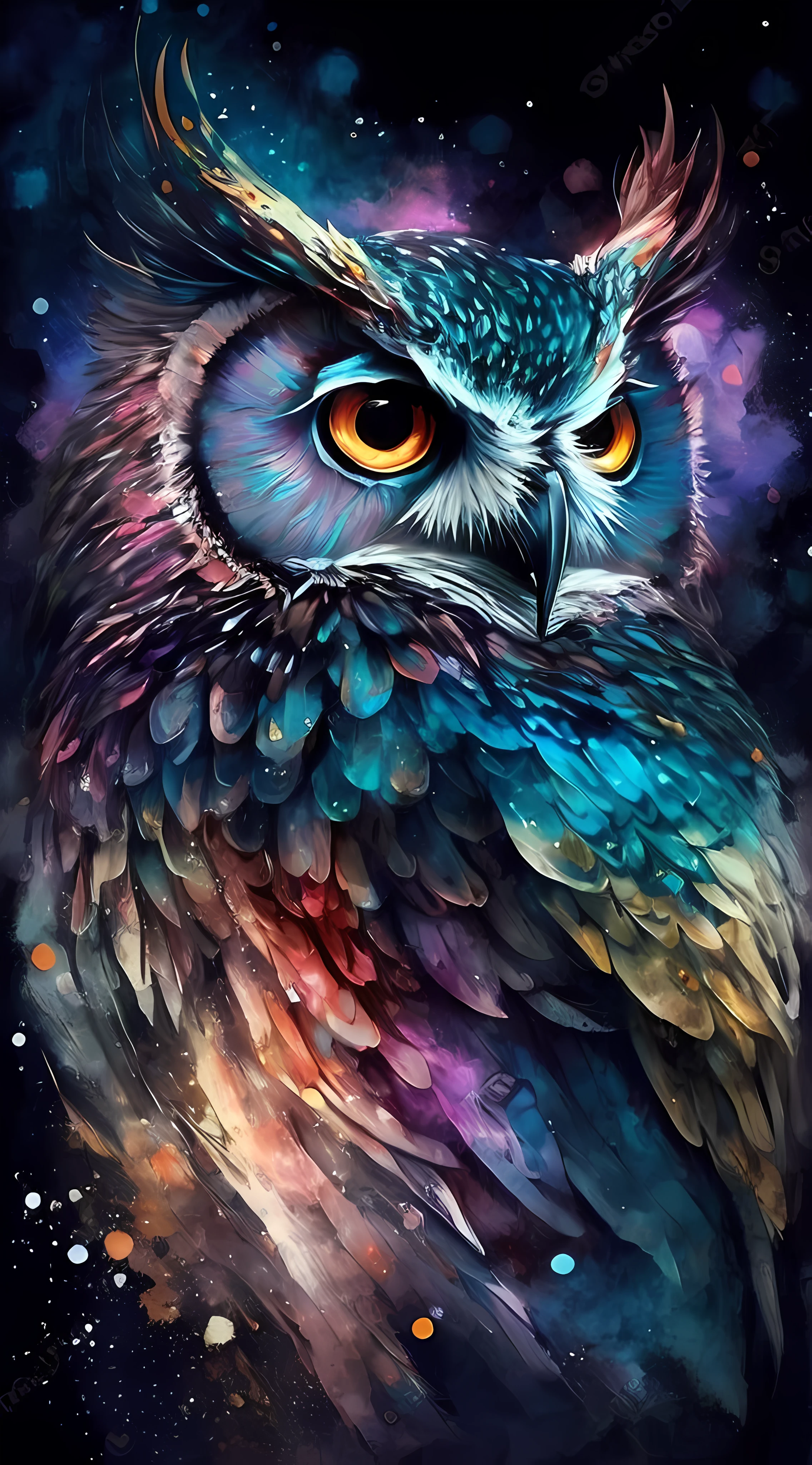 uma pintura de uma coruja com olhos brilhantes e penas coloridas, Coruja Radiante, cheio de cores e detalhes ricos, pintado em aquarelas brilhantes, Coloridos!! altamente detalhado, coruja incandescente, alien owl, cores realistas detalhadas, cores altamente detalhadas, arte bonita, mistura entre um! Coruja e lobo, the wisest of all owls, ✏️🎨, muito detalhado e colorido, 4k detalhado