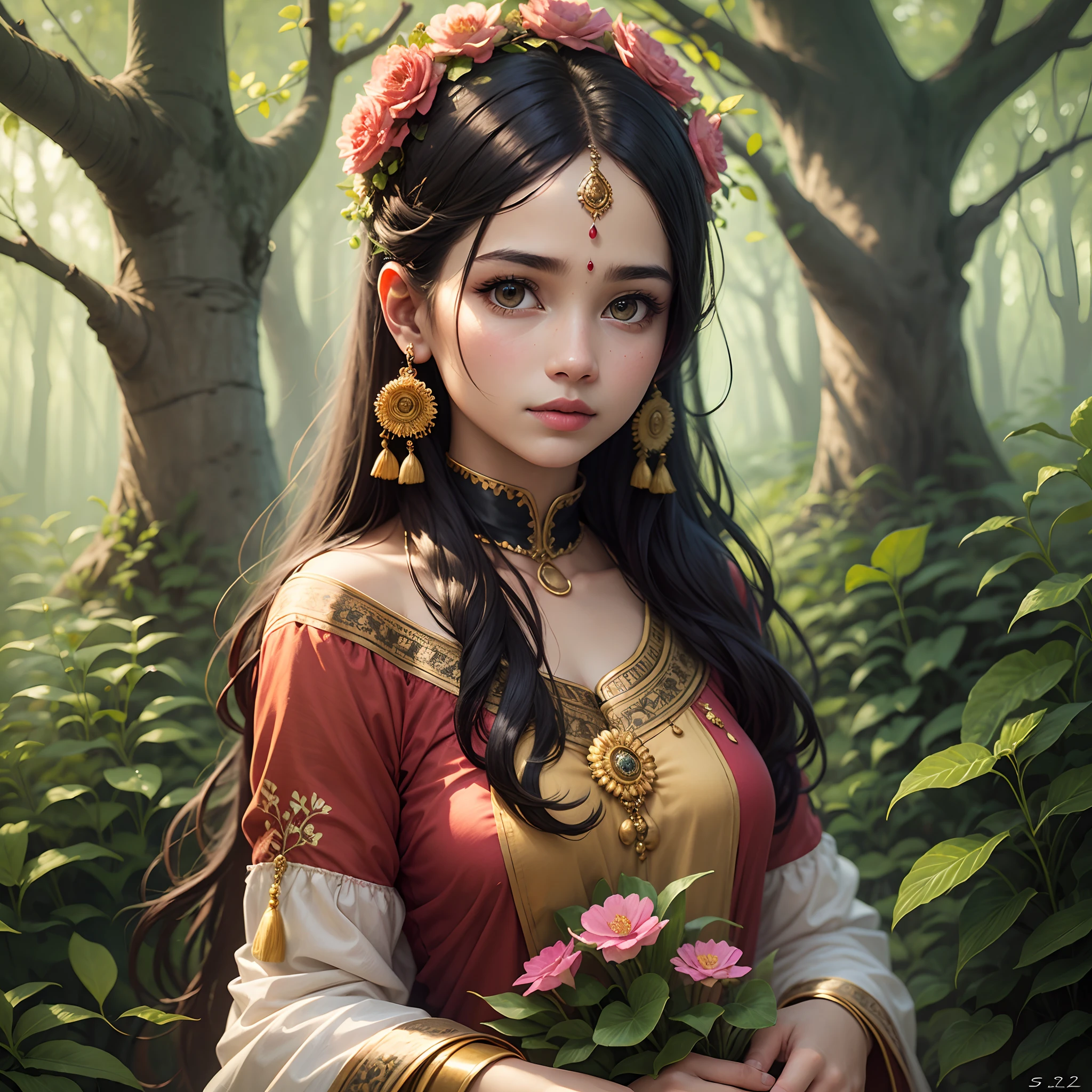 a girl in indian traditional dress with flower stand in forest,realistic,magical,masterpiece --auto --s2