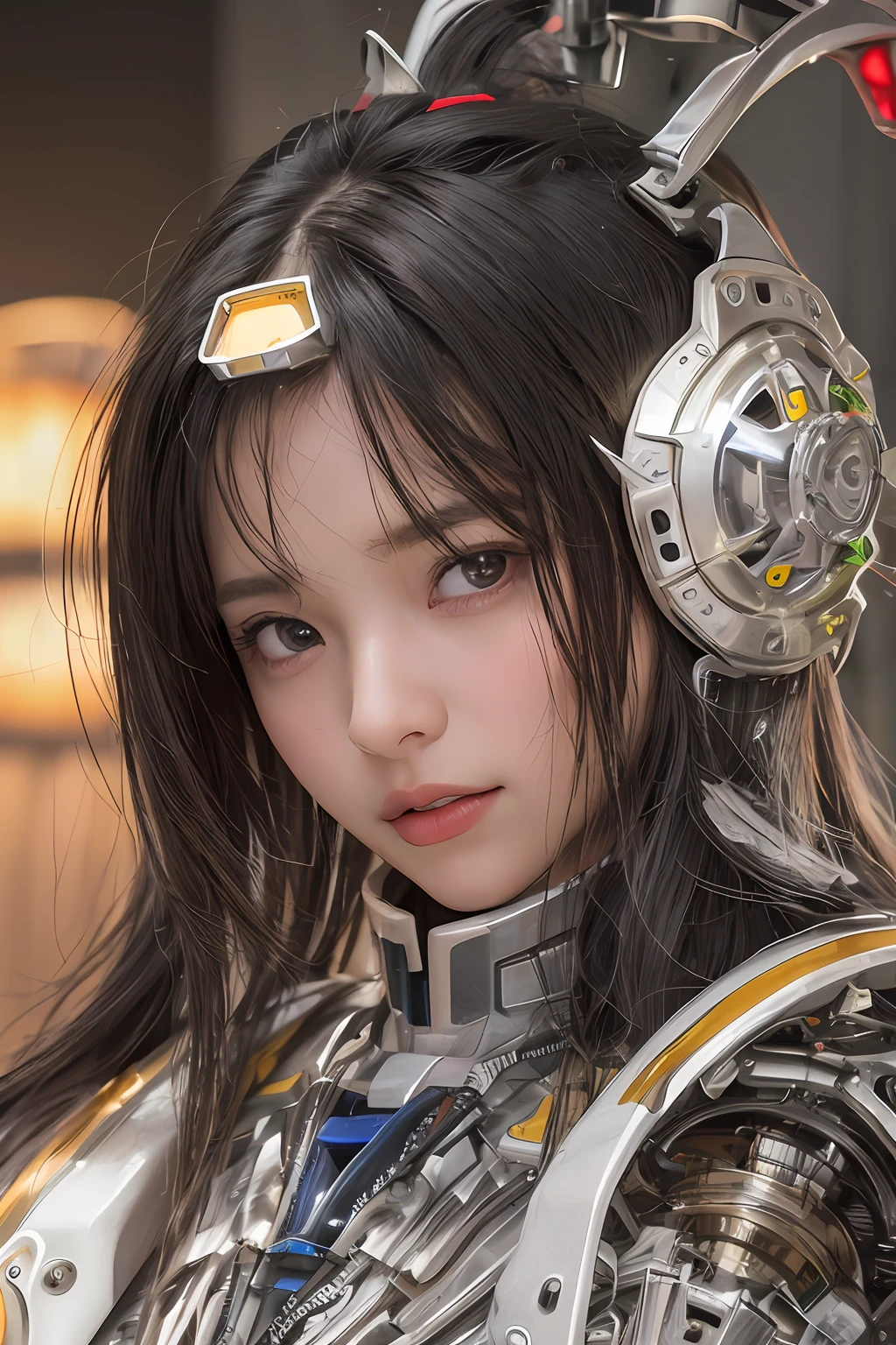 Qualidade Superior, Obra-Prima, ultra high-resolution, (Fotorrealista: 1.4), Foto Bruta, 1 Menina, Cabelo Preto, Arch on metal head with metal tips, Pele Brilhante, 1 mechanical girl, (Detalhe Ultra Realista)), Retrato, global ilumination, Sombras, Octane Rendering, 8K, Ultra Sharp, Grande, Pele Crua Exposta ao Clivagem, Metal, Detalhes Intrincados do Ornamento, Details of Japan, Detalhes muito intrincados, Luz realista, CGSoation trend, cor dos olhos vermelhos, olhos brilhantes, Facing the camera squarely,  Neon details, machanical limbs, blood vessels connected to the tube, mechanical vertebrae attached to the back, mechanical cervical attachment to the neck, sentado, wires and cables connected to the head, gundam, small LED lamps,