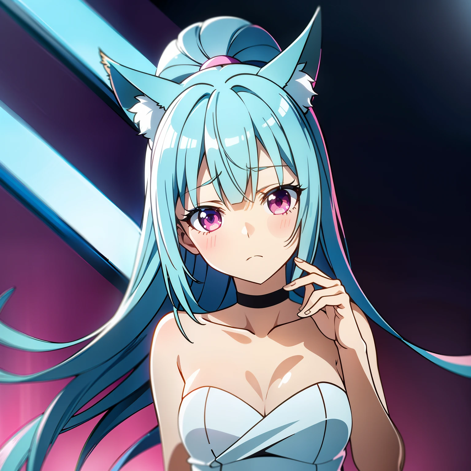 masterpiece, best quality, 8k, 1girl, solo, sexquisite hands, blue hair, blue fox ears, pink eyes, Left eye monocular eye mask, cute, sad