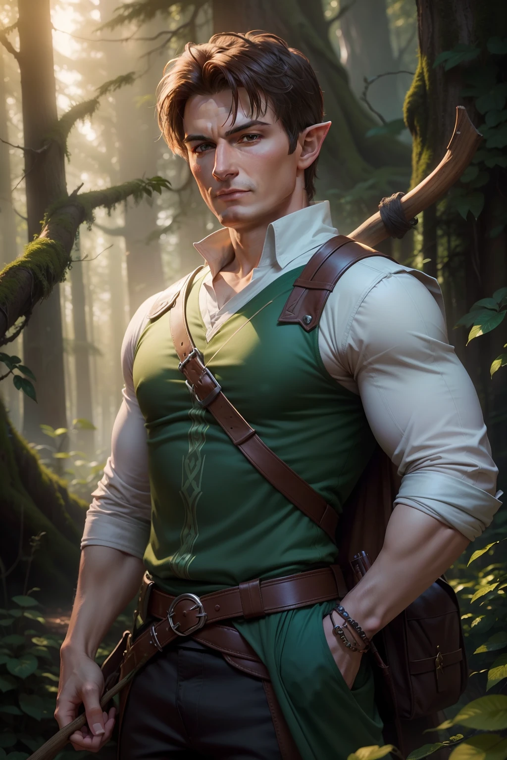 "A young adult elf ranger with a mystical forest backdrop and Nathan Fillion holding a bow."