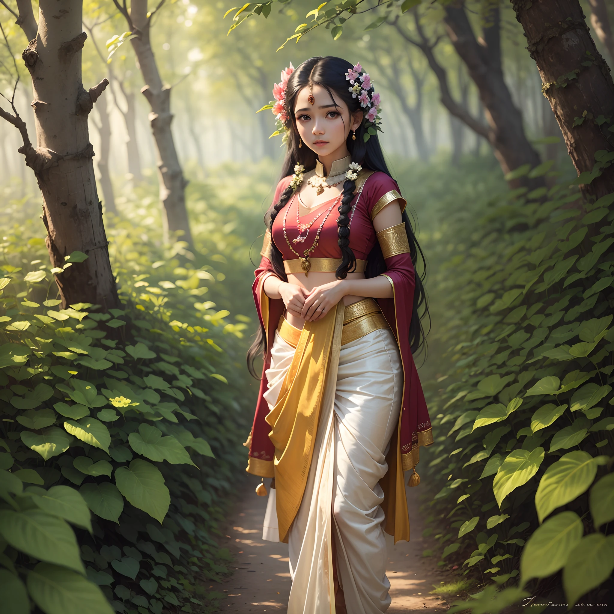 a girl in indian traditional dress with flower stand in forest,realistic,magical,masterpiece --auto --s2