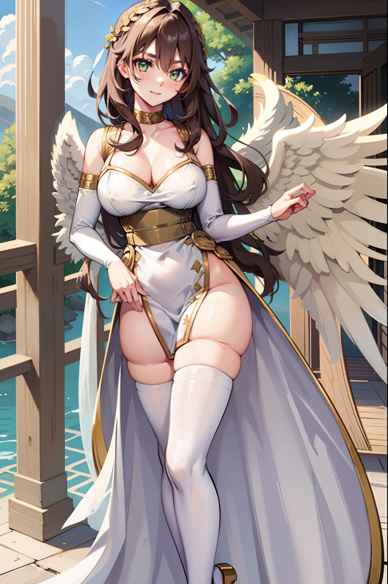 girl, large breasts, green eyes, wavy hair, exeter, brown hair, white thigh-highs, greek clothes, peplos, wings, angel wings