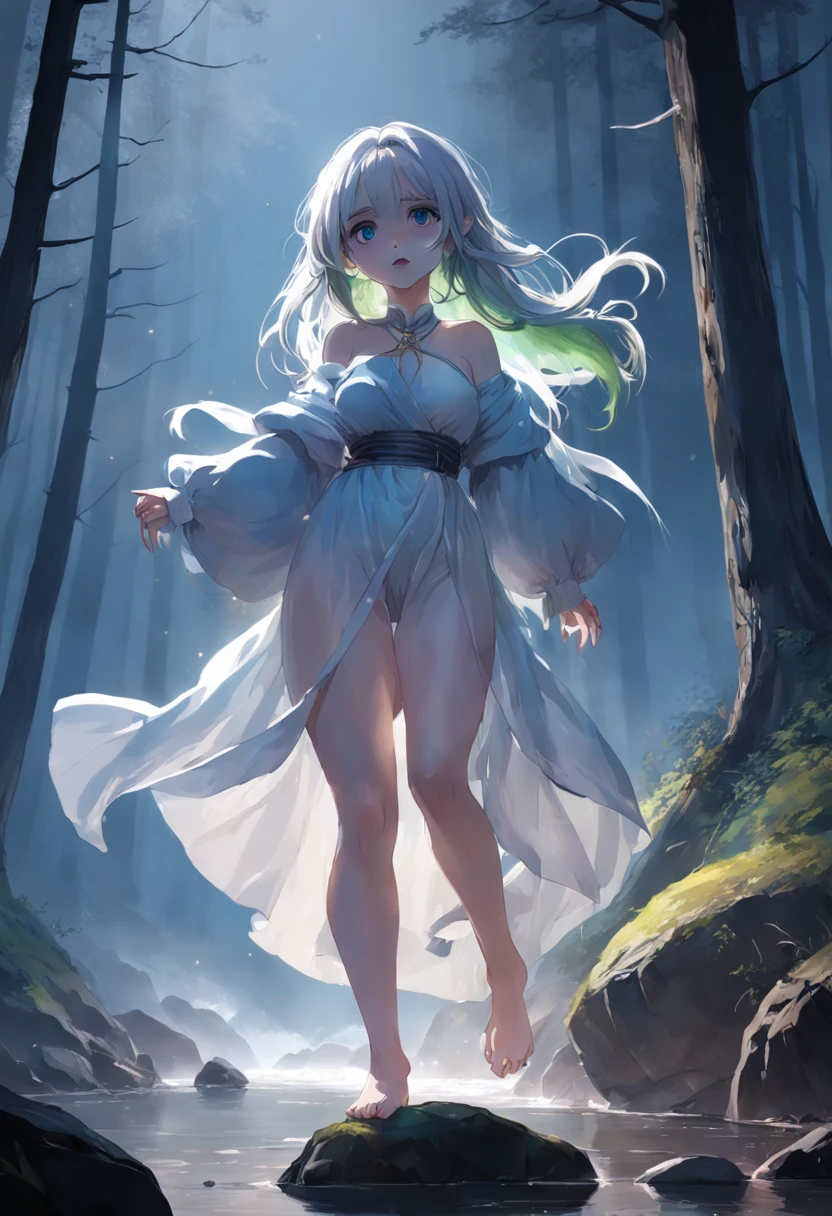 Motion blur, Depth of field，A place where strange boulders are bent，ln the forest，small stream，inverted image，extreme light，fog atmosphere，The moonlight shone on the side of the girl's face，22 year old，realisticlying，no-bra，vacuum，Extra-long sleeves，Off-the-shoulder attire，huge tit，cleavage，Full length of colorful hair（1.9），Color gradient for long hair，Messy hair，Barefoot，Full body like，realskin，realcumAI，Snow-white skin，Snow-white thighs，Top image quality，Extreme light and shadow，Colorful tights，High details，Standing painting，lines of movement，Dance，komono，PC Wallpapers，Two-thirds of the canvas generates the body，move chart