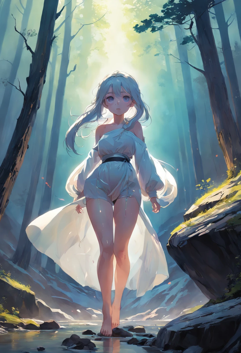 Motion blur, Depth of field，A place where strange boulders are bent，ln the forest，small stream，inverted image，extreme light，fog atmosphere，The moonlight shone on the side of the girl's face，22 year old，realisticlying，no-bra，vacuum，Extra-long sleeves，Off-the-shoulder attire，huge tit，cleavage，Full length of colorful hair（1.9），Color gradient for long hair，Messy hair，Barefoot，Full body like，realskin，realcumAI，Snow-white skin，Snow-white thighs，Top image quality，Extreme light and shadow，Colorful tights，High details，Standing painting，lines of movement，Dance，komono，PC Wallpapers，Two-thirds of the canvas generates the body，move chart