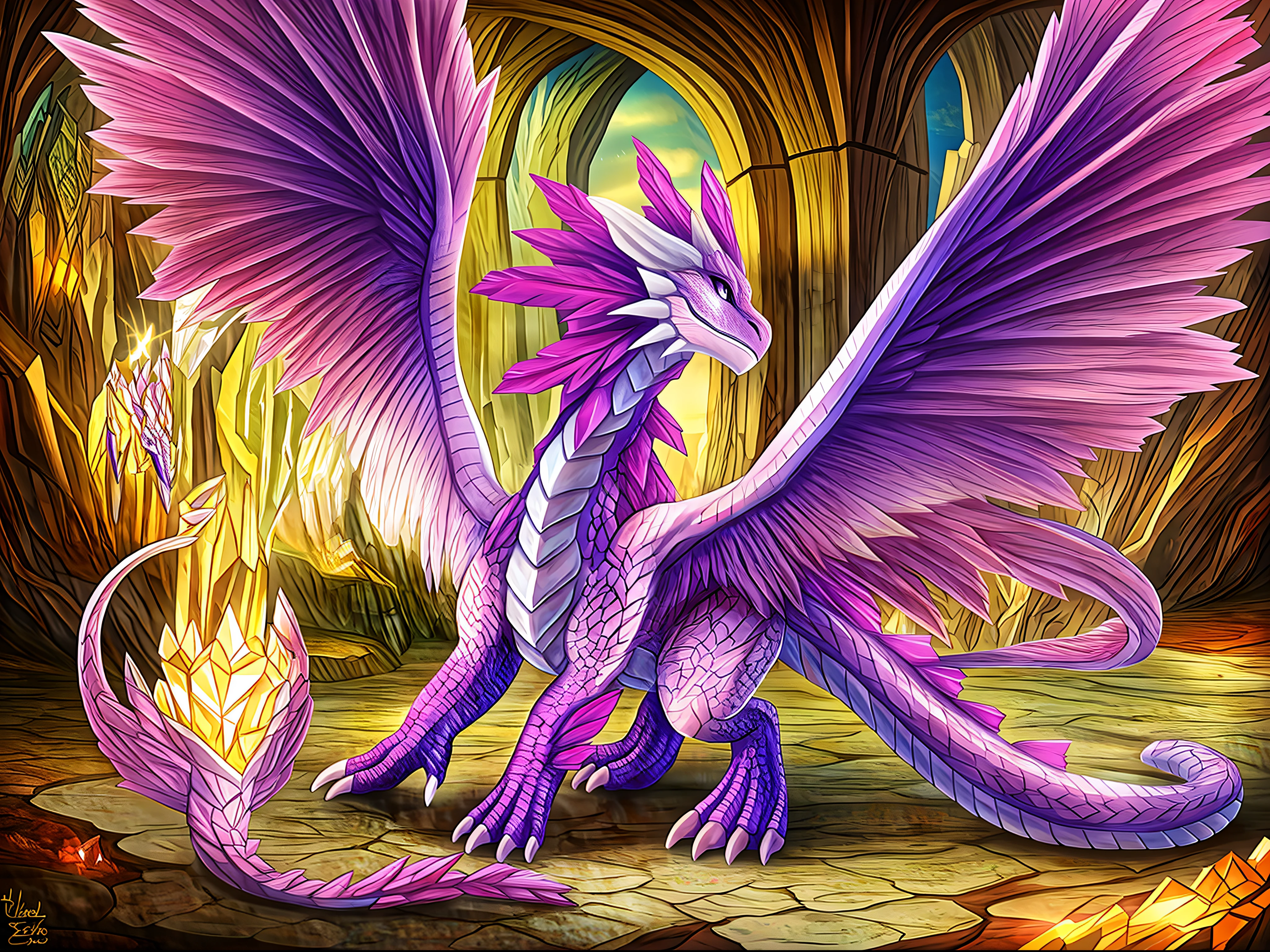 dragoness, white body, purple wings, purple crow for crystal, skylander, flashwing