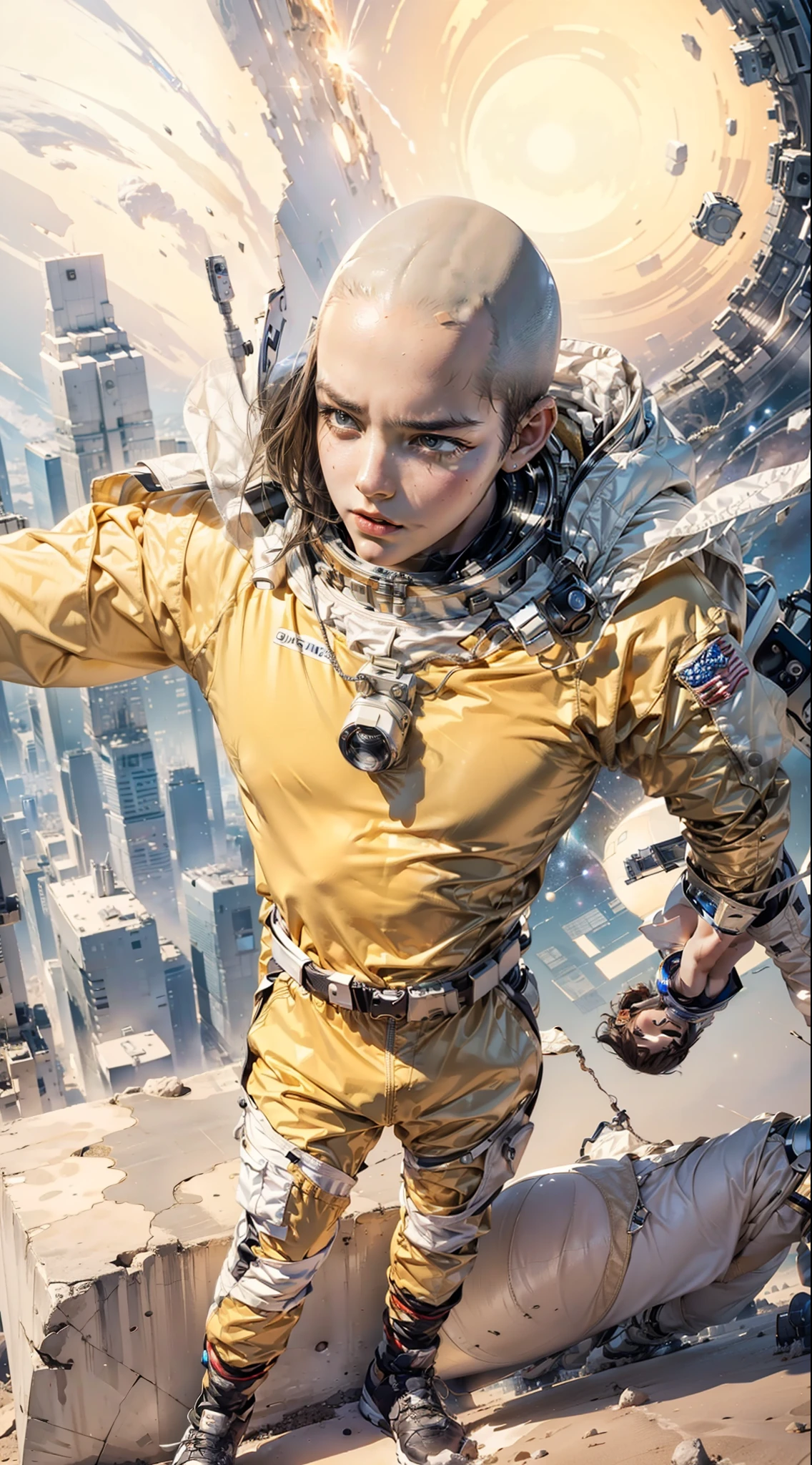 (maximum resolution: 1.2), (Ultra HDTV: 1.2), 8K resolution, Eye and skin detail, detailed facial features, , ( Sharp focus: 1.2), (Focus focus) facial expression: 1.2), standing guy, On 1 planet, Astronaut suit, (no hair), (universe), Many stars, White cape.
