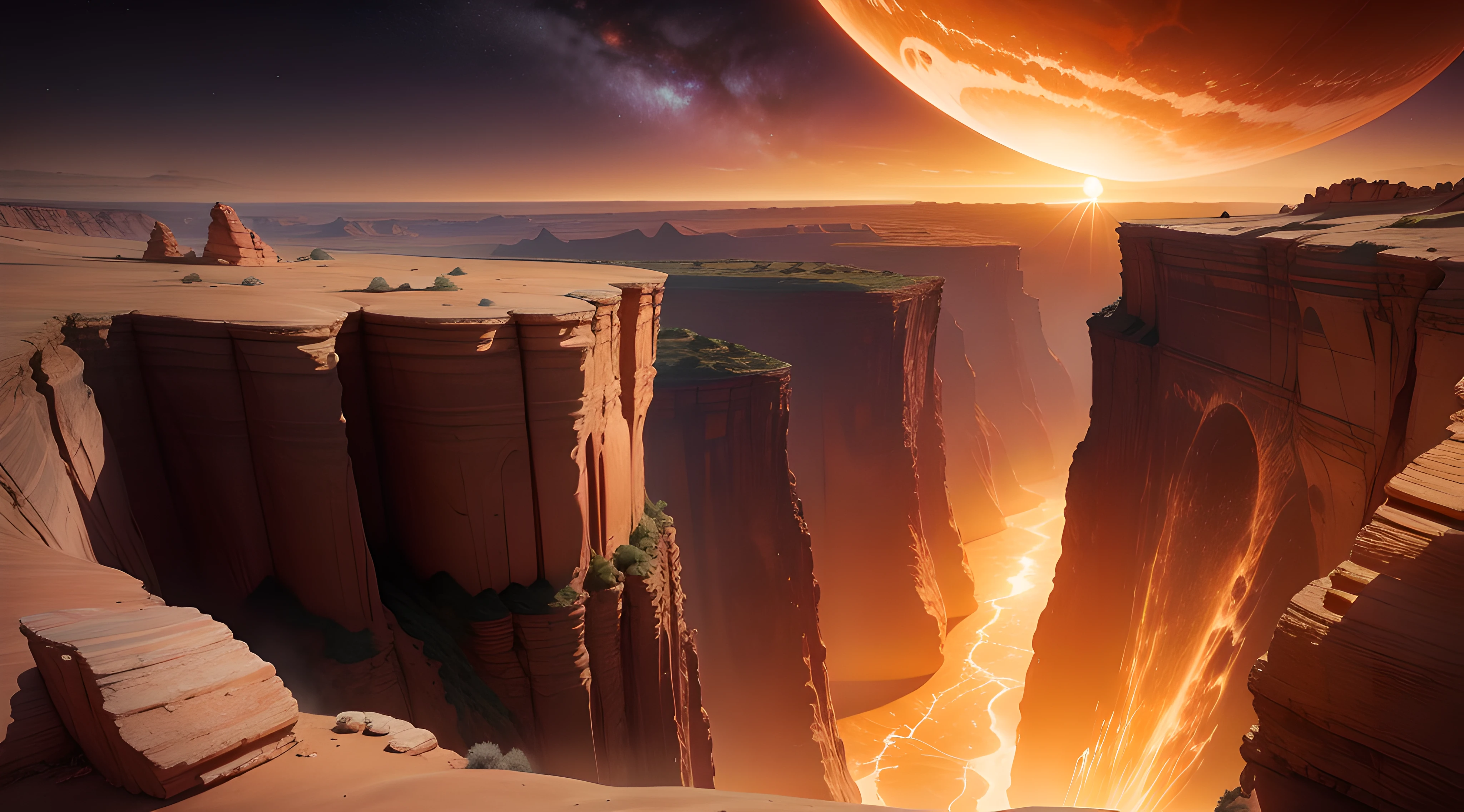 on the edge of a beautiful orange tinted canyon. planets. sunset. giant rock structures
