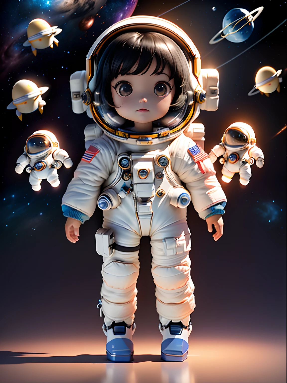 Super cute girl full body 3D drawing,1pc,good eyes looking,largeeyes,adolable,having fun,c4d,Pop Matt Blind Box,Medium long black hair,Glowing bubbles,toys,solid color backdrop,tchibi,Fluorescent transmission,luminous body, kawaii,dolls,(((The astronaut,space suit))),reference sheet,Pop Mart Blind Box,Pixar,complexdetails,3Drenderingof,blender,OC renderer,fol body reference sheet,dribble,high details,8k,studio lighting,li,pee,childi , SD character：1.1，Magic space silo background