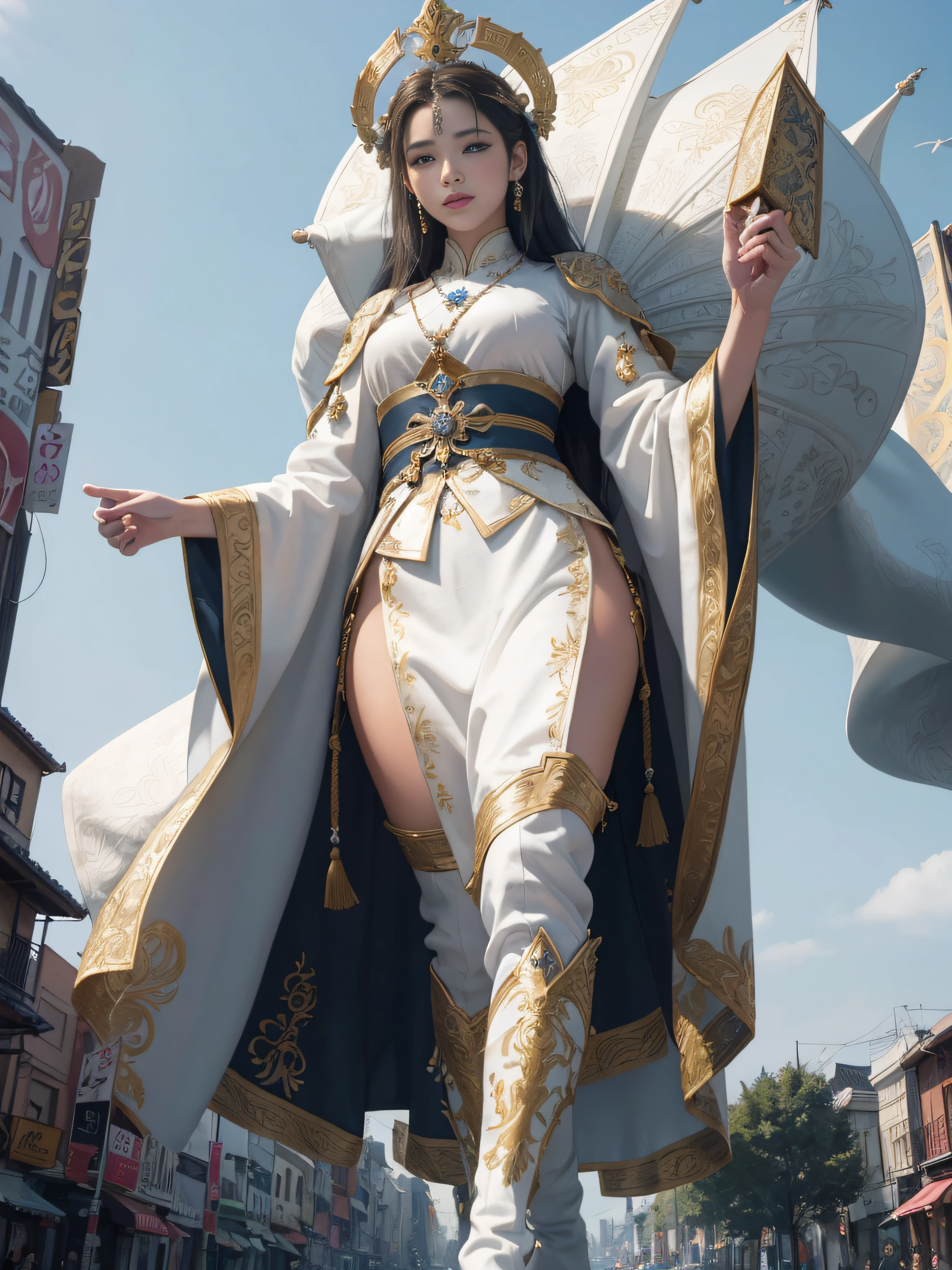 tmasterpiece，A high resolution,Absolutely beautiful，a mature female，Fine and detailed eyes and detailed face，Royal sister，swordsmen，Oriental women，gallant woman，Cold sass，Tall and tall， cruel grin，ancient wind，Hanfu,The whole body is dressed in pure white，Wear long pants，Wear boots，Pattern of cranes on the chest，embroidery, natural poses,standing on your feet， allure：（Tall：1.4），Wide buttock（big assa：1.4），（Thick thighs：1.4），Majesty，Rich scene detail，are standing，actionpose,