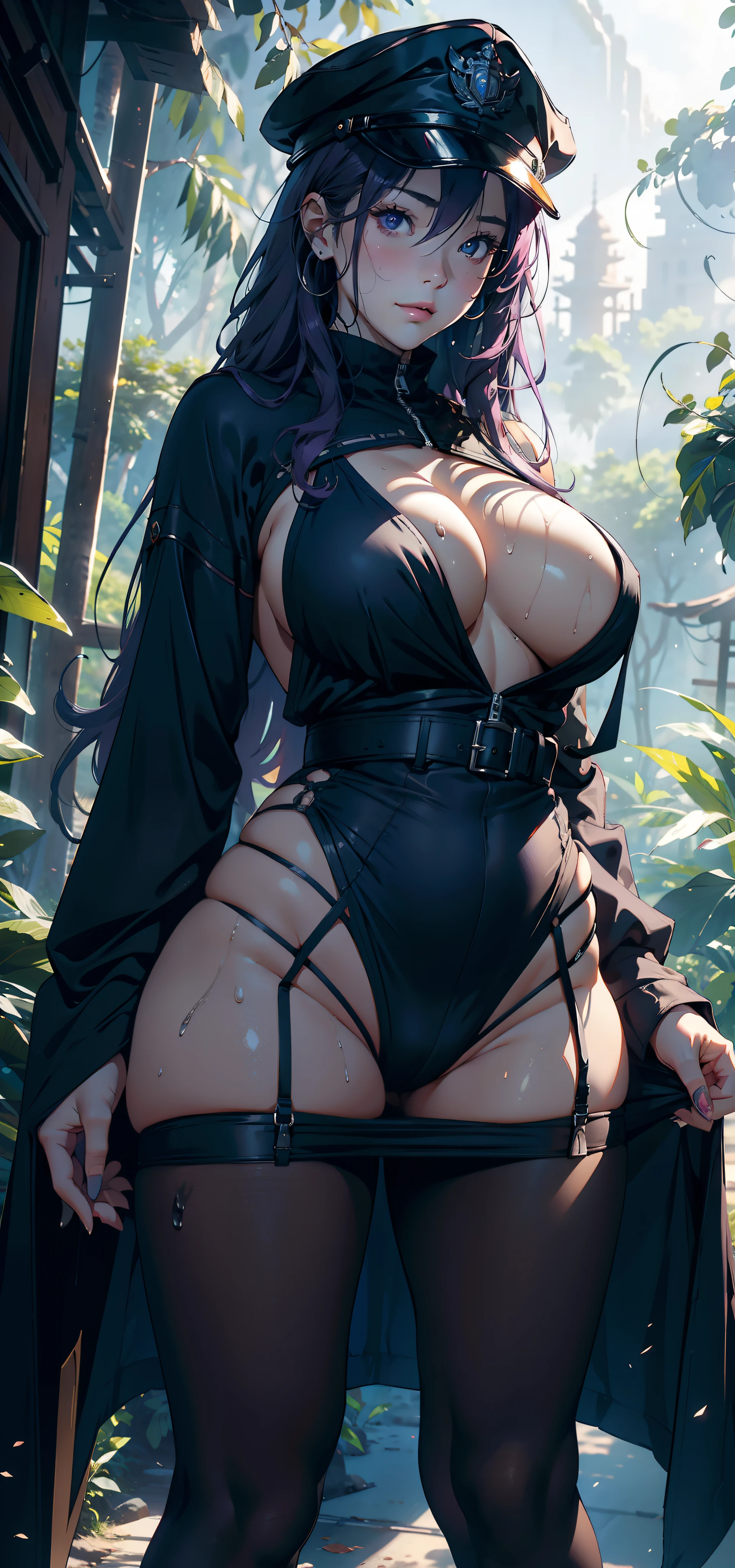 1female,25 age old,Large breasts,long leges,Big breasts Thin waist,Pornographic exposure, 独奏,(Background with:ln the forest,the rainforest,in summer) She has long purple hair,standing on your feet,Sweat profusely,drenched all over the body,seen from the front, curlies, mostly cloudy sky,(((tmasterpiece),(Very detailed CG unity 8K wallpaper),best qualtiy,cinmatic lighting,detailed back ground,beatiful detailed eyes,Bright pupils,(Very fine and beautiful),(Beautiful and detailed eye description),ultra - detailed,tmasterpiece,)),facing at camera,A high resolution,ultra - detailed),revealing breasts,Bare genitalia, Bulge,Camel toes,Raised sexy,Flushed complexion,Open-mouthed,frontage,Officer's cap(Wearing:cloaks,High neck bottom,Pantyhose)nakeness,high-heels