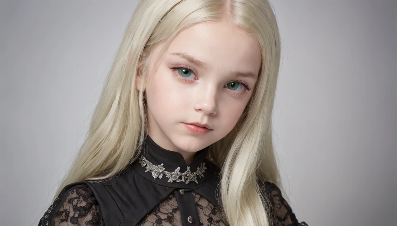 11 year old girl goth angelic cute child fantasy photo essay, with green eyes and long blonde hair down to the waist, orelhas de um gato vestido como uma boneca, is posing in the qyarto with fireplace