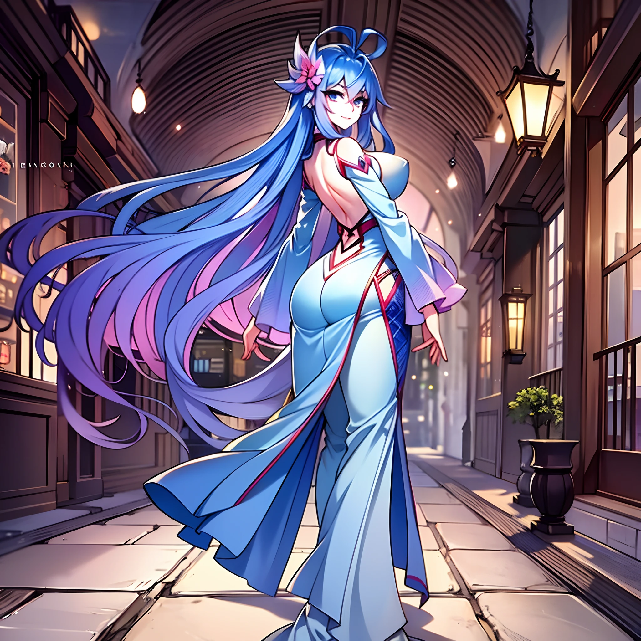 (masterpiece: 1.2), best quality, ultra high res, shiny skin, mature female, fashi-g, ultra high res, perfect anatomy, best shadow, best quality, ((1girl, solo)), hair ornament, very long hair, huge breasts, smile, looking at viewer, very long hair, long sleeves, blue eyes, blue hair, bangs, hair between eyes, long dress, high boots, flower, full body, from behind, big ass