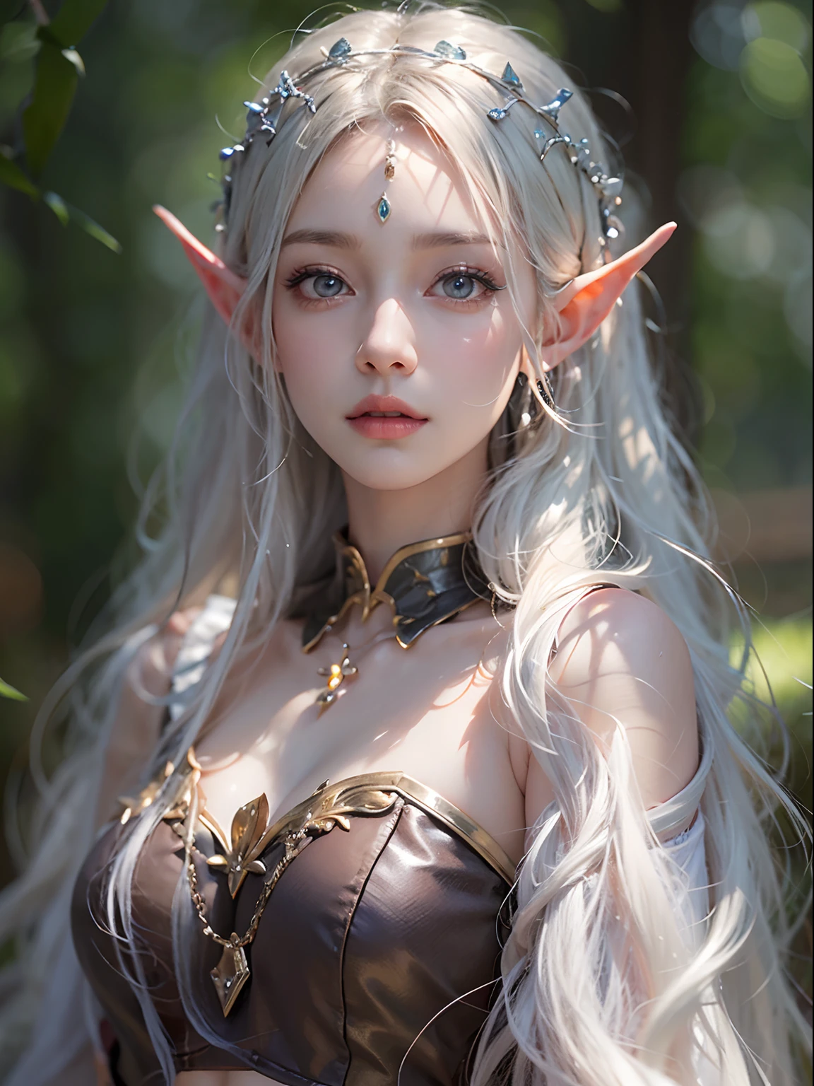 Elf Princess,ln the forest,Platinum hair accessories,(Photorealistic:1.4), (Masterpiece, side-lighting, fine detailed beautiful eyes: 1.2), Masterpiece*Portrait, Realistic, The face is delicate, Glowing eyes, Shiny hair, Shiny real skin, Solo, embarressed, (midriff),(super-fine),Detailed pubic hair,Accurate,(Works of masters),(best qualtiy),8K分辨率,A half body,dynamic viewing angle,dark brown hair