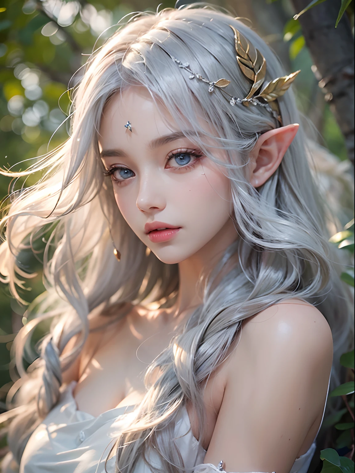 Elf woman, white hair, white ayes, full body, foots, nude, realistic.