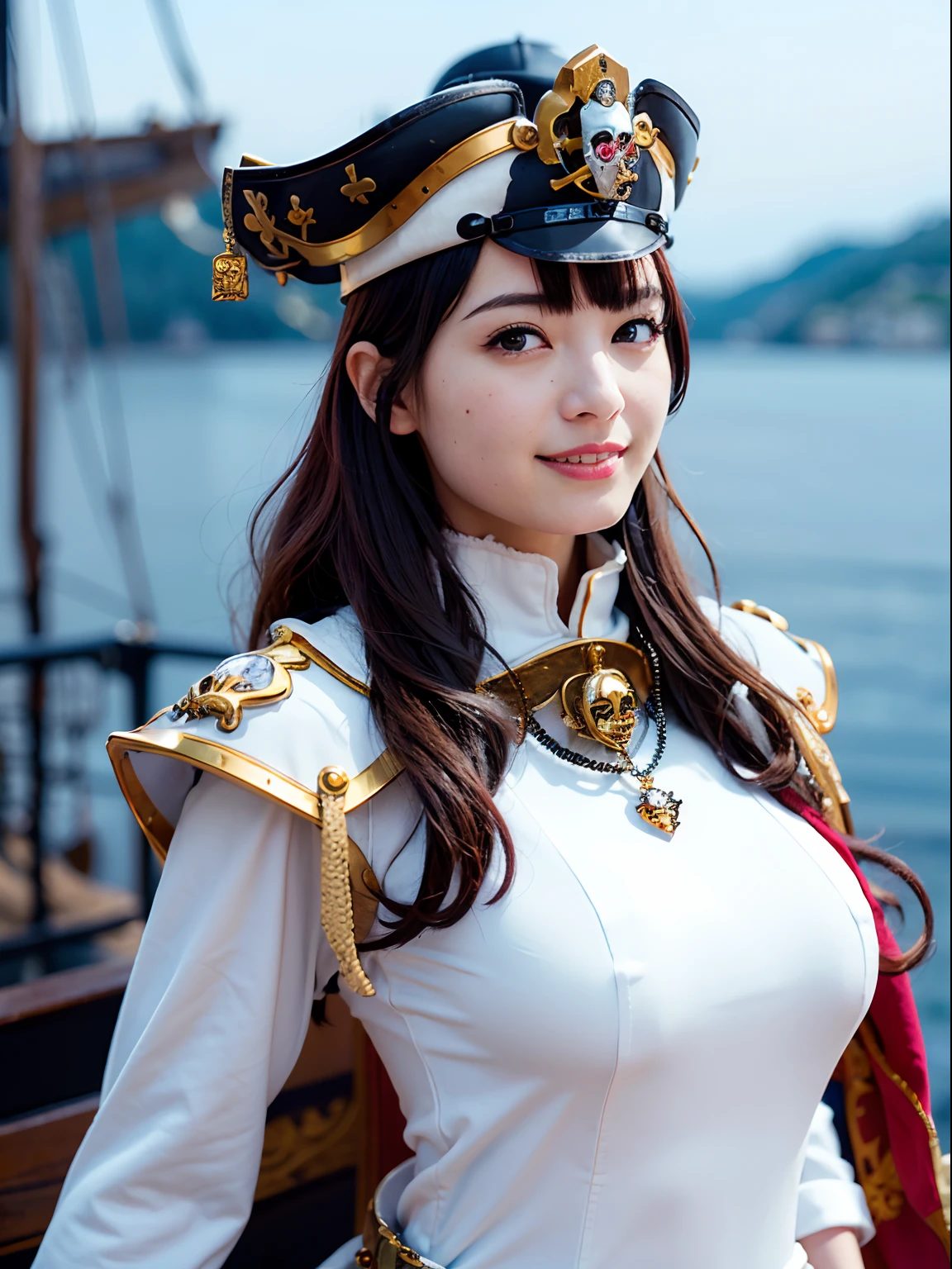 (masutepiece), Professional , masterpiece、top-quality、photos realistic , depth of fields (Gemstone Silver Metal Body:1.9),(Matte White、(Put on a pirate hat)、Jewel Gold Weapon(Jewel Metal Body:1.4),Gorgeous metal weapons , Detailed Sword of the Brave , Beautiful knife ,warhammer 40k , The port town、adepta sororitas,Detail and ornate jewel crown、Black hair、Gangle's forest background、Beautiful Caucasian beauty、1a person、dynamic ungle,(((Detailed and ornate diamond crown)))、Smaller head、A smile、Take a sexy pose、Background inside the castle、Thin and beautiful female hands、cleavage of the breast、Soldier in iron armor on background、Man soldier in iron armor on background、Sea view、Pirate Ship、Woman or stand in the center、Pirate Ship、