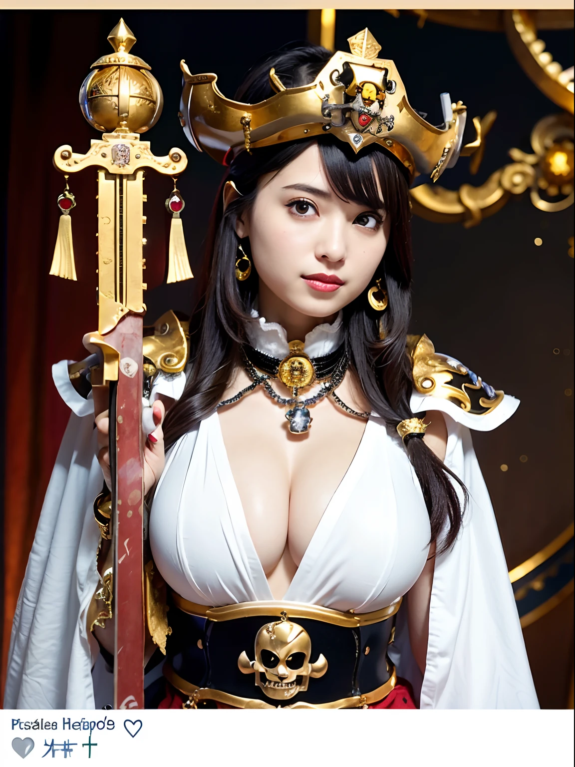 (masutepiece), Professional , masterpiece、top-quality、photos realistic , depth of fields (Gemstone Silver Metal Body:1.9),(Matte White、(Wear a detailed pirate hat)、Jewel Gold Weapon(Jewel Metal Body:1.4),(Gorgeous metal weapons) , Detailed Sword of the Brave , 20 year old girl ,Pirate Ship、warhammer 40k , The port town、adepta sororitas,Detail and ornate jewel crown、Black hair、Gangle's forest background、Young Caucasian beauty、1a person、dynamic ungle,(((Detailed and ornate diamond crown)))、Smaller head、A smile、Take a sexy pose、Thin and beautiful female hands、cleavage of the breast、Soldier in iron armor on background、A port city with a view of the sea、Pirate Ship、