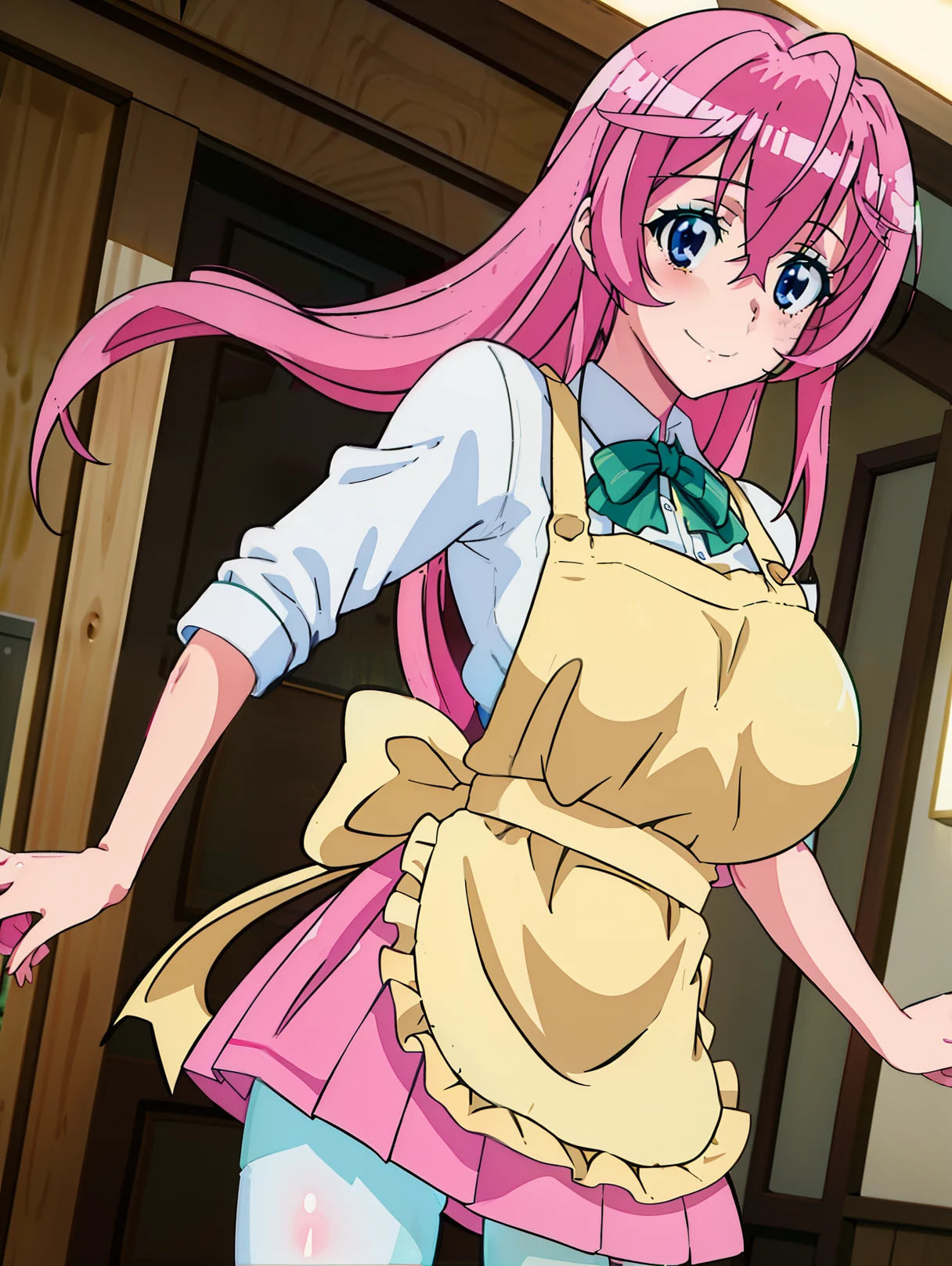 masterpiece, best quality, otome, 1girl, smile, happy, blue eyes, Pink haired, long hair, fit body, slender body, (correct anatomy), big boobs, green bow, white shirt, yellow apron, red miniskirt, green pantyhose, both hands hidden, both hands behind the back,