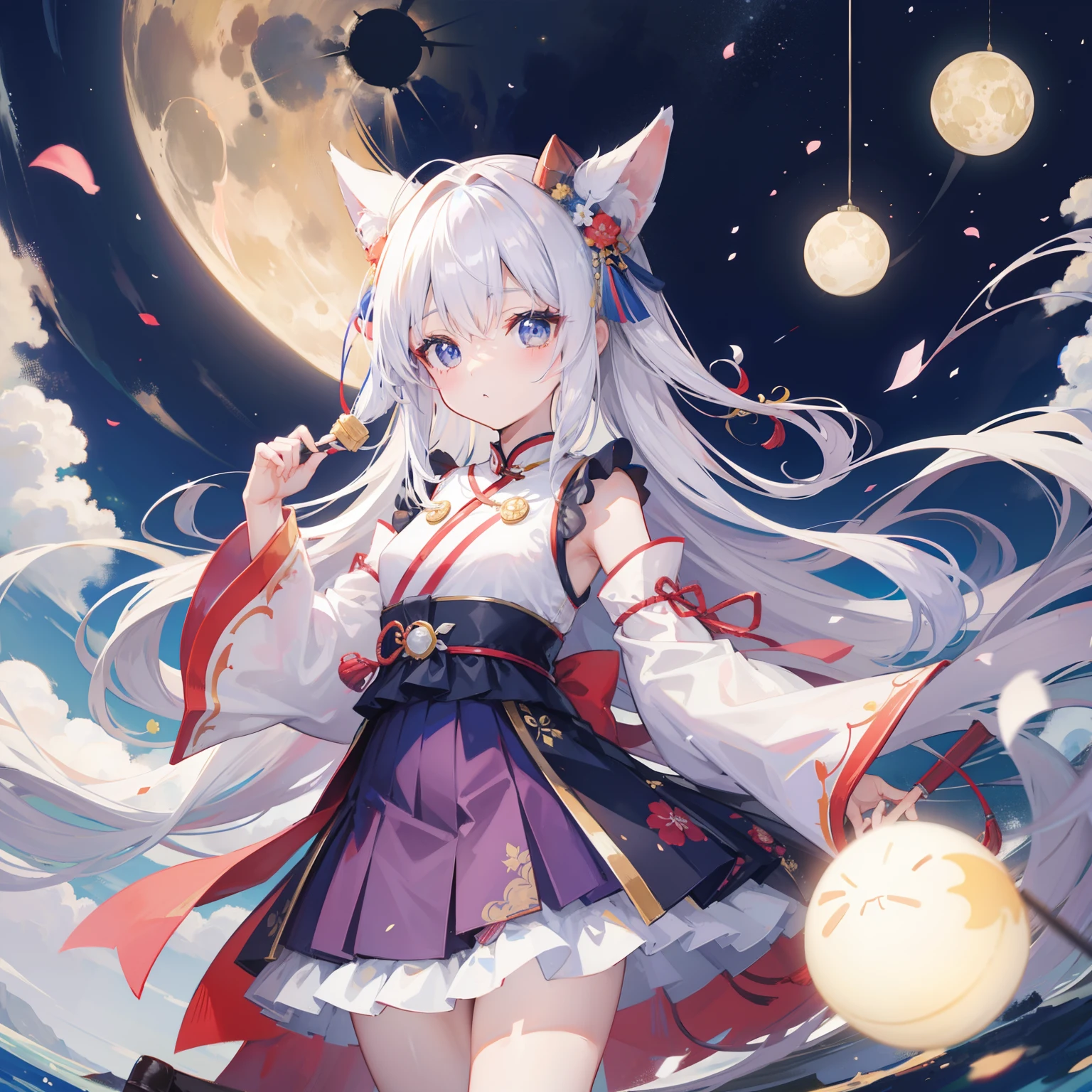 highest quality, expensive_solve, clear_image, detailed background ,girl, Hanbok,flower,garden,moon, night,dutch angle, wide shot, crown,
