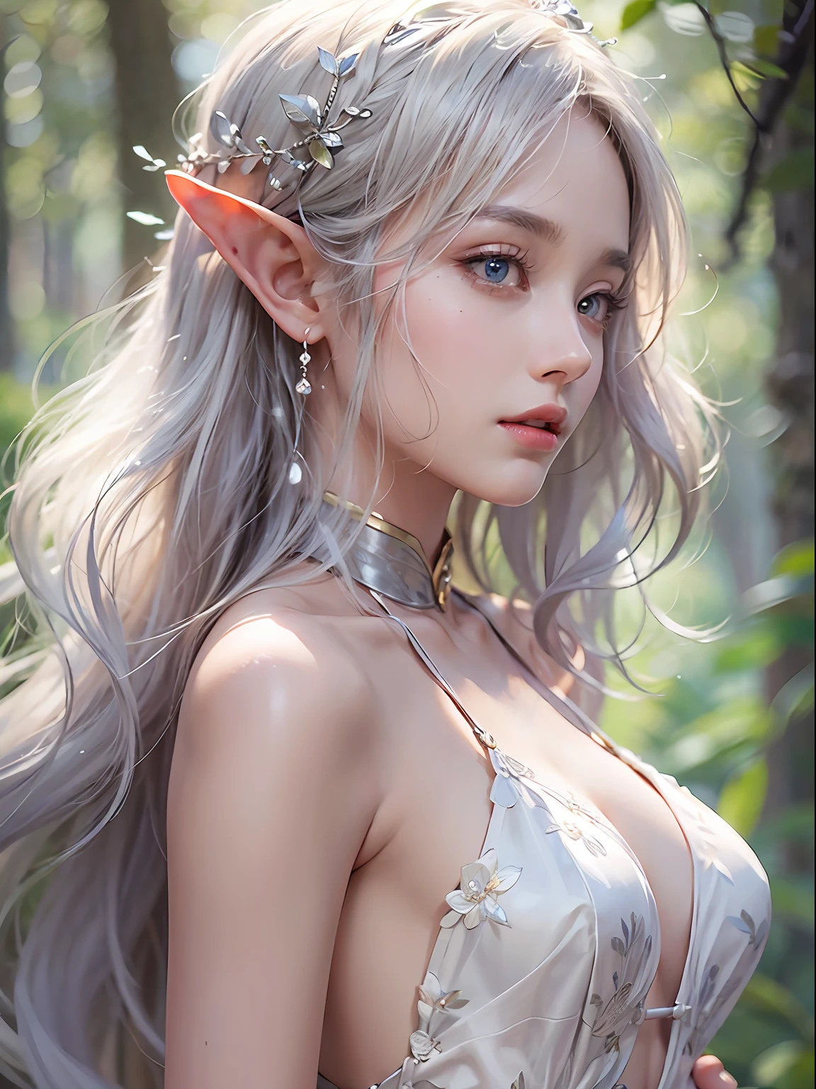 Elf Princess,ln the forest,Platinum hair accessories,(Photorealistic:1.4), (Masterpiece, side-lighting, fine detailed beautiful eyes: 1.2), Masterpiece*Portrait, Realistic, The face is delicate, Glowing eyes, Shiny hair, Shiny real skin, Solo, embarressed, (midriff),(super-fine),Detailed pubic hair,Accurate,(Works of masters),(best qualtiy),8K分辨率,A half body,dynamic viewing angle,sensual seduction,short detailed hair