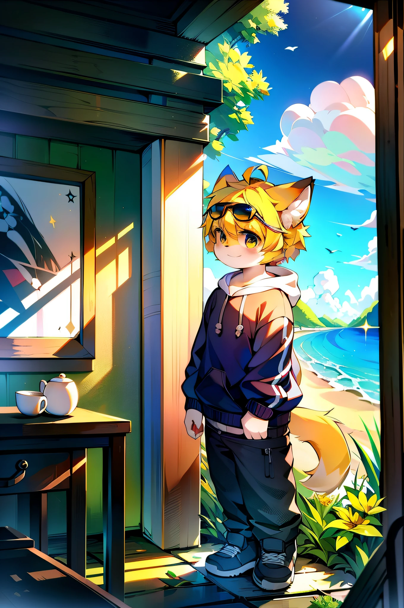 Sweatshirt, shorter pants, streaked hair, colored inner hair, ahoge, short hair, shiny hair, expressive hair, sunglasses, goggles on head, gradient eyes, cat ears, smile, blonde hair, high detail, anime, anime style, Cubism, chiaroscuro, cinematic lighting, ray tracing, bloom, from side, UHD, retina, ccurate, masterpiece, anatomically correct, textured skin, super detail, high details, high quality, award winning, best quality, highres, 4K