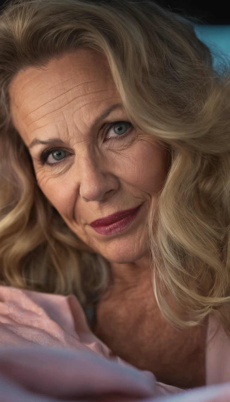 HYPER REALISTIC PHOTO OF SEXY BLONDE WOMAN, MILF, 55 YEARS OLD, SMALL BREAST, WEARING GRIND PANTIES, LYING ON BELLY ON BED, BUT UP, LEGS SEMI OPEN, MOUTH RED FROM LIPSTICK, EXCITED