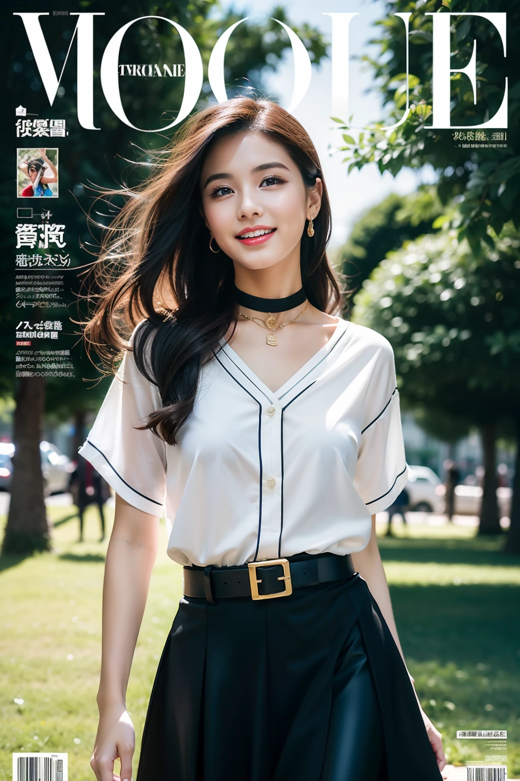 (8K分辨率,Photos above the knee in the distance,offcial art,Cover of a,(FashionMagCover:1.4),attention-grabbing,Oversized title font,Catchy,The title is larger,More eye-catching,modern day),(1womanl,20yr old,(Facial features of Thai Aom:1.8,s delicate face),Lovely face,com rosto detalhado,详细的脸,Jet-black slightly curly hair,(Fluffy and messy, with layers),Redlip,Fair smooth skin,(Fashionable casual womenswear:1.4,(sleevelessdress(thin and light,breathable),pleatedskirt(obi strip,Delicate satin),Short waist long version,V-neck shirt,choker necklace,Formal shirts,校服,a skirt,suspender stockings),Tall and tall,walk,Embrace nature,perfect hand,Ultra-fine clothing material),(Background in the city,Exquisite environmental details,MagazineCover:1.4),(exhilarated,confident smile,Rejoice),(Cover typography,profesional lighting,动态照明),((Strong color contrast,(black in color,blue colors,red colour))),(Golden section,Cover of a,low angle shot,Dynamic photography,Hasselblad photograp,tmasterpiece:1.3),(trendsetting,focus-on,vogue cover,Dynamic street art,Art platform)