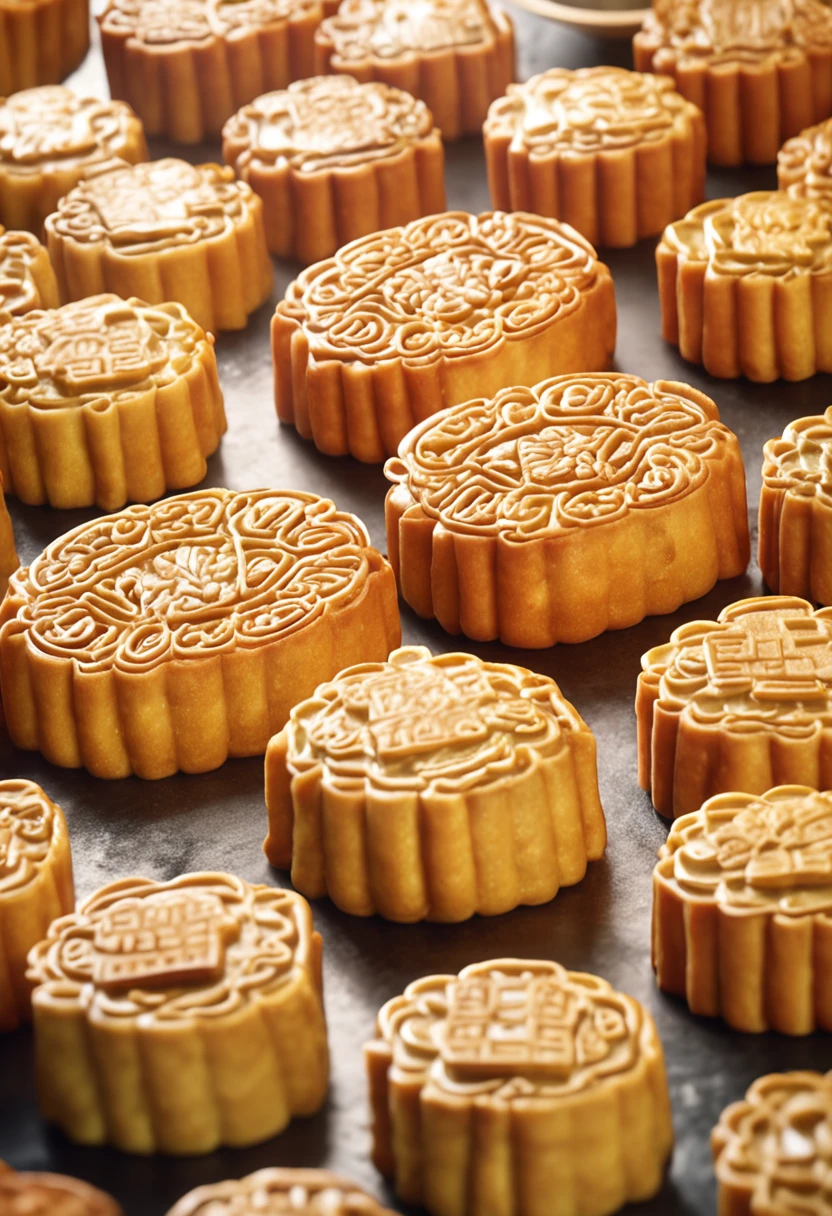 Commercial shooting, Cantonese style egg yolk moon cake, moon cake size, poster, fresh style background, elegant, booth lighting, attractive, realistic color, ultra HD