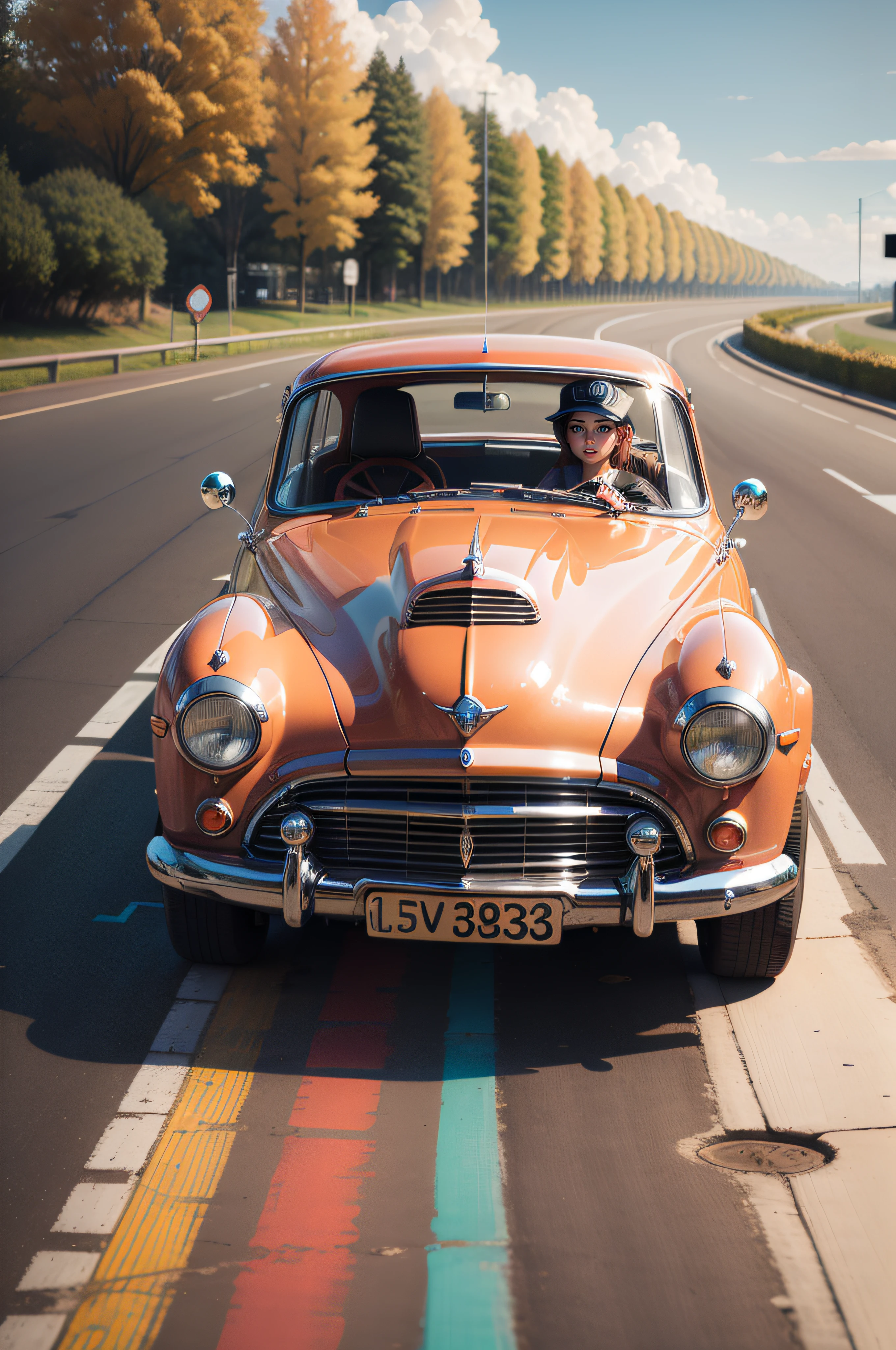{{{no driver}}} A vintage BLUE COLOR car along a rainbow road , (shiny plastic:0.8), (BLUE and white:0.9), (pastel:0.85)----revAnimated_v122===UHD--45DEG
