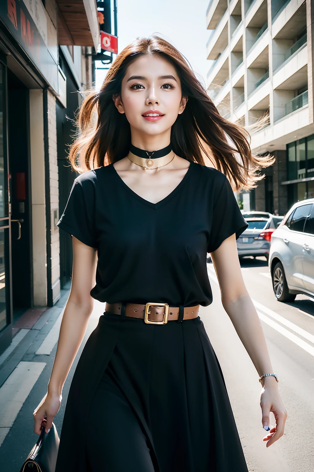 (8K分辨率,Photos above the knee in the distance,offcial art,Cover of a,(FashionMagCover:1.4),attention-grabbing,Oversized title font,Catchy,The title is larger,More eye-catching,modern day),(1womanl,20yr old,(Facial features of Thai Aom:1.8,s delicate face),Lovely face,com rosto detalhado,详细的脸,Jet-black slightly curly hair,(Fluffy and messy, with layers),Redlip,Fair smooth skin,(Fashionable casual womenswear:1.4,(sleevelessdress(thin and light,breathable),pleatedskirt(obi strip,Delicate satin),Short waist long version,V-neck shirt,choker necklace,Formal shirts,校服,a skirt,suspender stockings),Tall and tall,walk,Embrace nature,perfect hand,Ultra-fine clothing material),(Background in the city,Exquisite environmental details,MagazineCover:1.4),(exhilarated,confident smile,Rejoice),(Cover typography,profesional lighting,动态照明),((Strong color contrast,(black in color,blue colors,red colour))),(Golden section,Cover of a,low angle shot,Dynamic photography,Hasselblad photograp,tmasterpiece:1.3),(trendsetting,focus-on,vogue cover,Dynamic street art,Art platform)