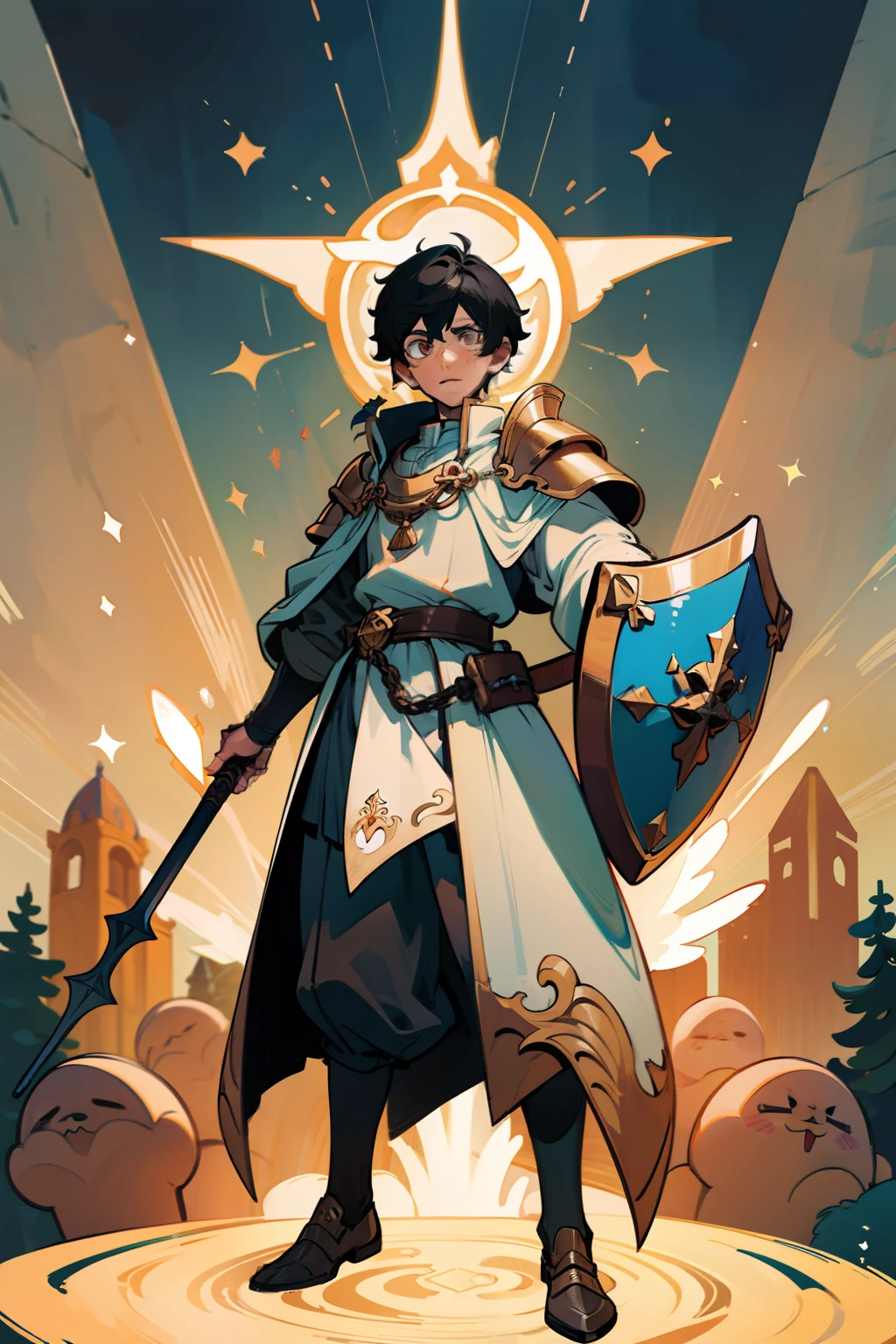 ((masterpiece - artwork - detailed - best quality)) - anime style - genshin impact style - 1 man - full body - male - black hair - brown eyes - illuminated eyes - heavenly power - cleric - medieval mace - hand - large shield - arm - white robe - blue clothes - heavy armor - golden ornaments - divine power - forest - standing - stone path - fence - stone - broken