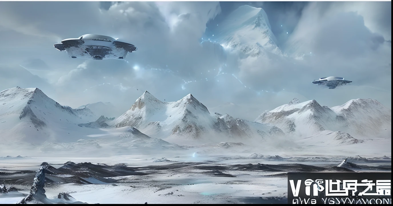 A group of aliens fly over snowy mountains, Science fiction matte painting, Sci-fi matte painting, matte painting v ray, wide angle scifi landscape, cinematic space scenery, an alien landscape view, matte painting with high detail, walking across ice planet, 3d matte painting, matte painting scenery, high quality matte painting, alien breathtaking landscape