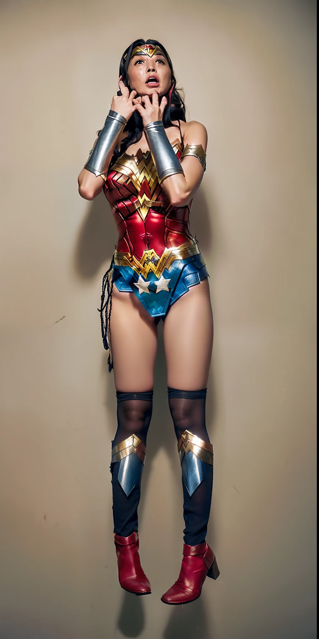 (((Wonder Woman Costume)))、(((moribund)))、(((Turning a blind eye)))、(((Hung)))、(((Suffering)))、(((Clothes are torn)))、((Make the most of the original image))、((It is violently destroyed))、(((dead body)))、(((Hanging)))、(((Weakness)))、((Bloody))、((Stockings are torn))、((Top image quality、8K))