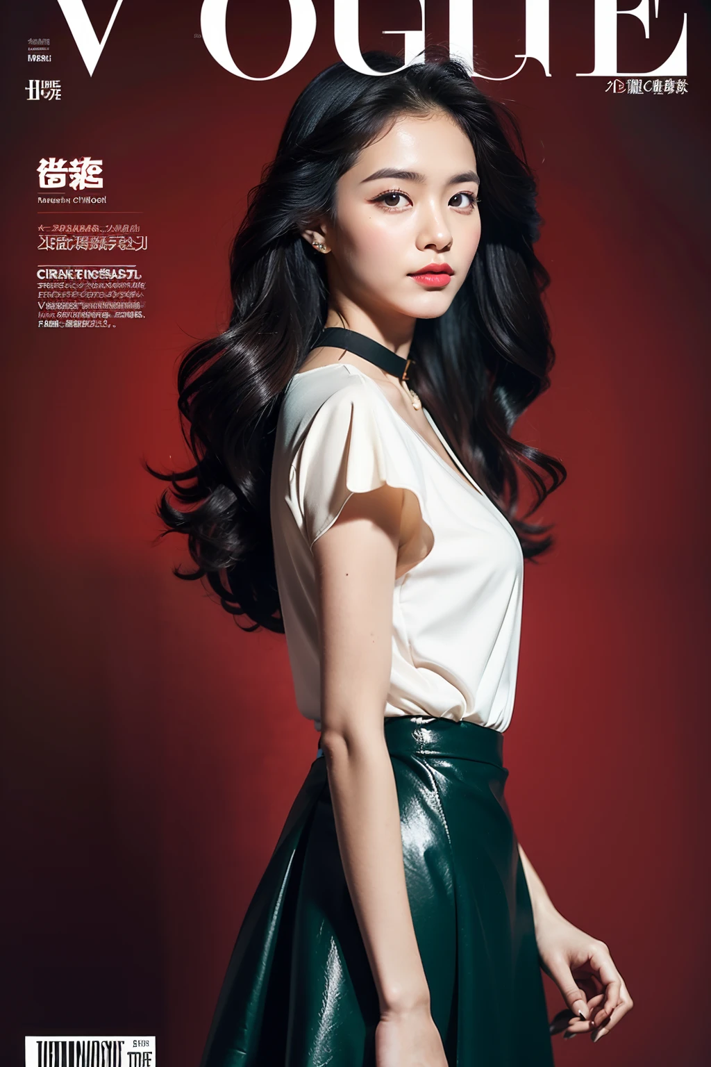 （8K分辨率，Photos above the knee in the distance，offcial art，Cover of a，（FashionMagCover：1.4），attention-grabbing，Oversized title font，Catchy，The title is larger，More eye-catching，modern day），（1womanl，20yr old，（Facial features of Thai Aom：1.8，s delicate face），Lovely face，com rosto detalhado，详细的脸，Jet-black slightly curly hair，（Fluffy and messy, with layers），Redlip，Fair smooth skin，（Fashionable casual womenswear：1.4，（sleevelessdress（thin and light，breathable），pleatedskirt（obi strip，Delicate satin），Short waist long version，V-neck shirt，choker necklace，Formal shirts，校服，a skirt，suspender stockings），Tall and tall，walk，Embrace nature，perfect hand，Ultra-fine clothing material），（Background in the city，Exquisite environmental details，MagazineCover：1.4），（exhilarated，confident smile，Rejoice），（Cover typography，profesional lighting，动态照明），（（Strong color contrast，（black in color，blue colors，red colour））），（Golden section，Cover of a，low  angle shot，Dynamic photography，Hasselblad photograp，tmasterpiece：1.3），（trendsetting，focus-on，vogue cover，Dynamic street art，Art platform）