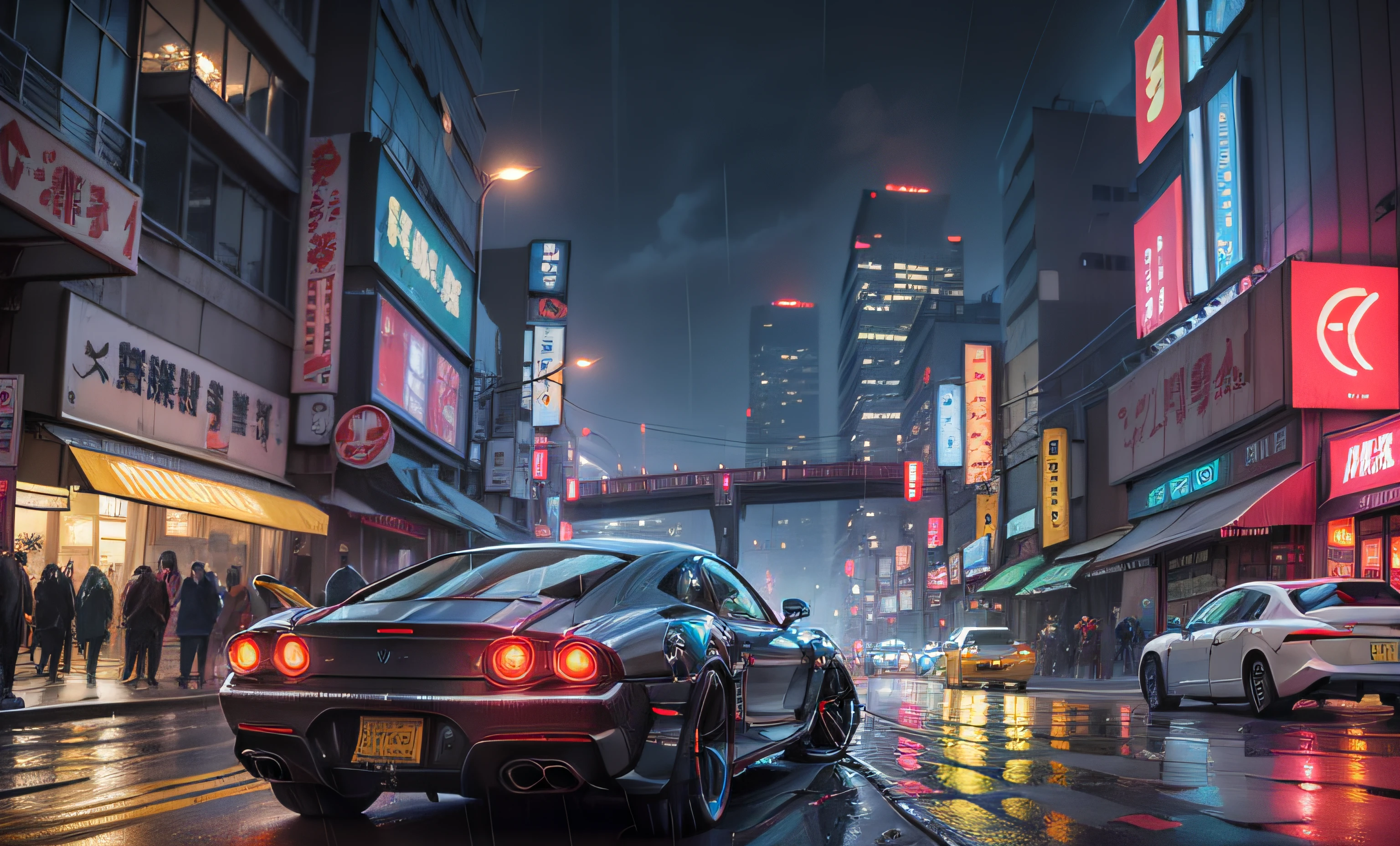 TOKYO CITY WITH FUTURISTIC luxary cars ON STREET Max Quality MasterPiece SF Future World Bridges, rainy Night, Neon, japan architecture cyberpunk 2077, neon fog, traditional architecture, blade runner 2049, science fiction art, futuristic city