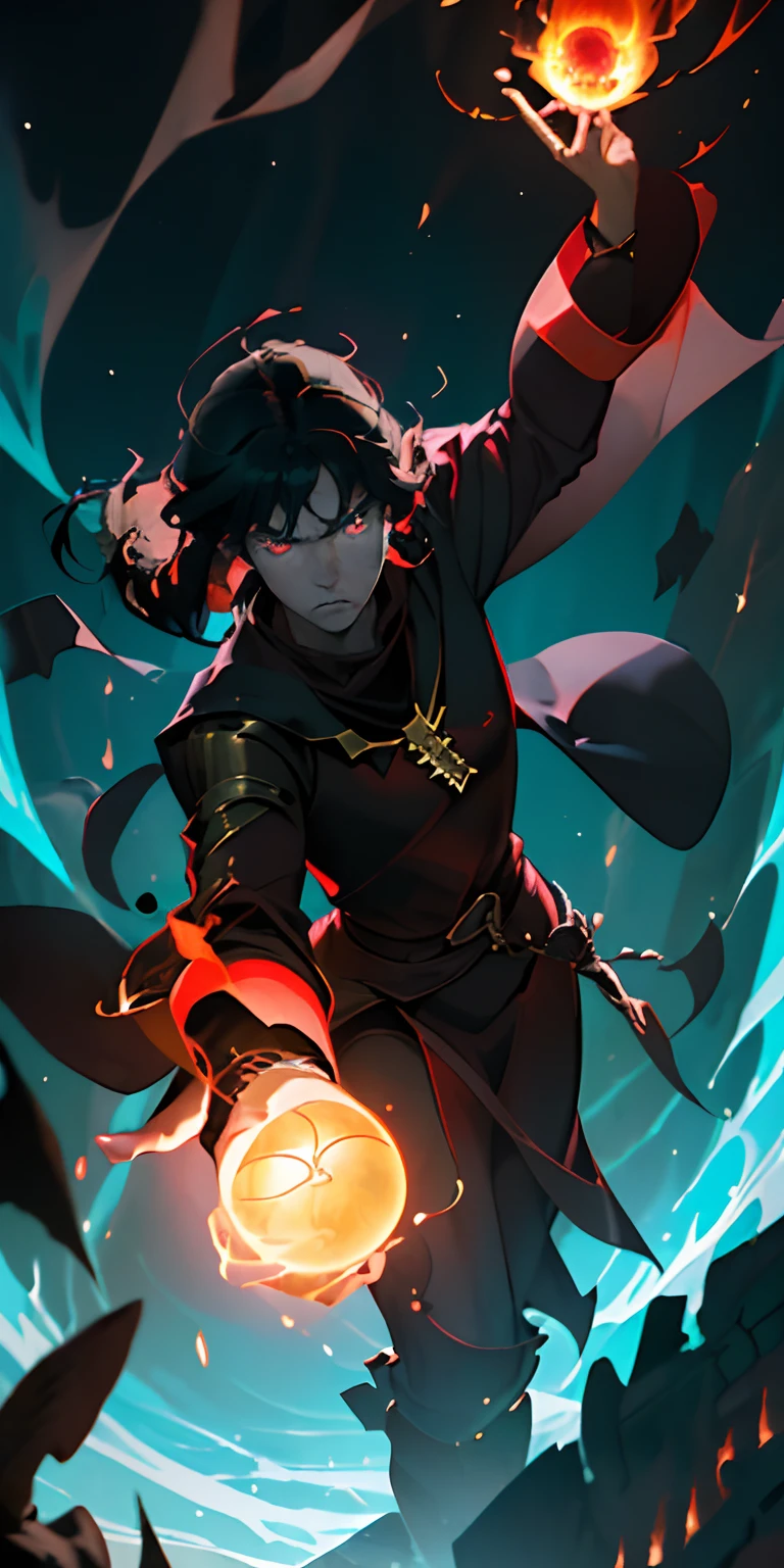 (Masterpiece, Best Quality), Illustration in the style of a person, holding a fireball in his hand against the backdrop of an ancient temple, Casting a fire spell, looking a viewer, black - haired mage, blurry foreground, key anime art, The cover of the epic light novel, holy fire spell art, Fire spell, The fire behind him, evil male sorcerer, looking a viewer, black - haired mage, Swashbuckler, age 30 years, Glowing Eyes Fire Spell, The fire behind him, evil male sorcerer (windswept dust, detritus: 1.1),