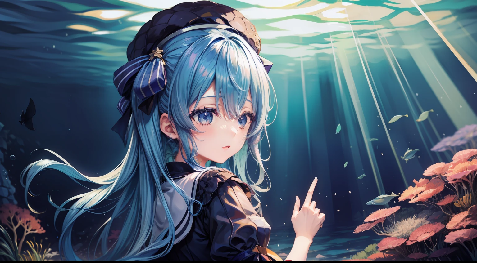 Faraway view、1girl, Hoshimachi Suisei(hololive),masterpiece、top-quality、abyssal、Under the sea、under the water