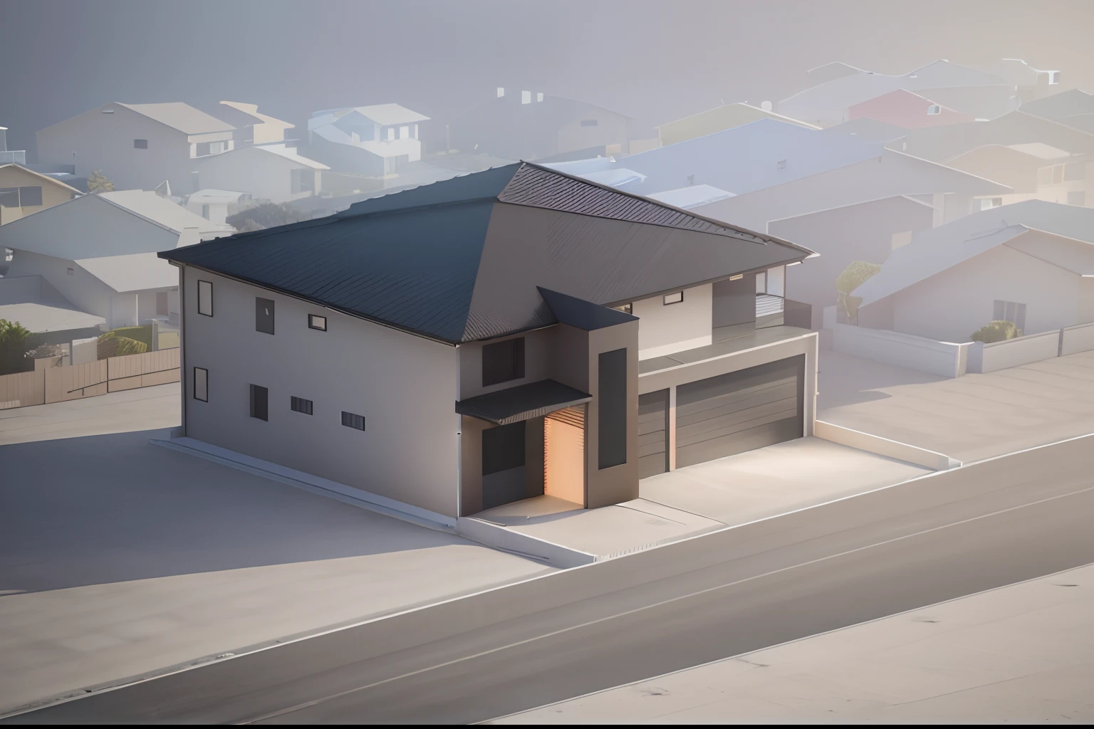 a rendering of a house with a garage and a garage door, rendered, complete house, architectural rendering, 3 d rendering, 3d rendering, contemporary house, conceptual rendering, 3/4 view realistic, inter dimensional villa, frontview, detailed rendering, rendering, comprehensive 2 d render, architectural render, concept house, isometric house, rendered 3d model