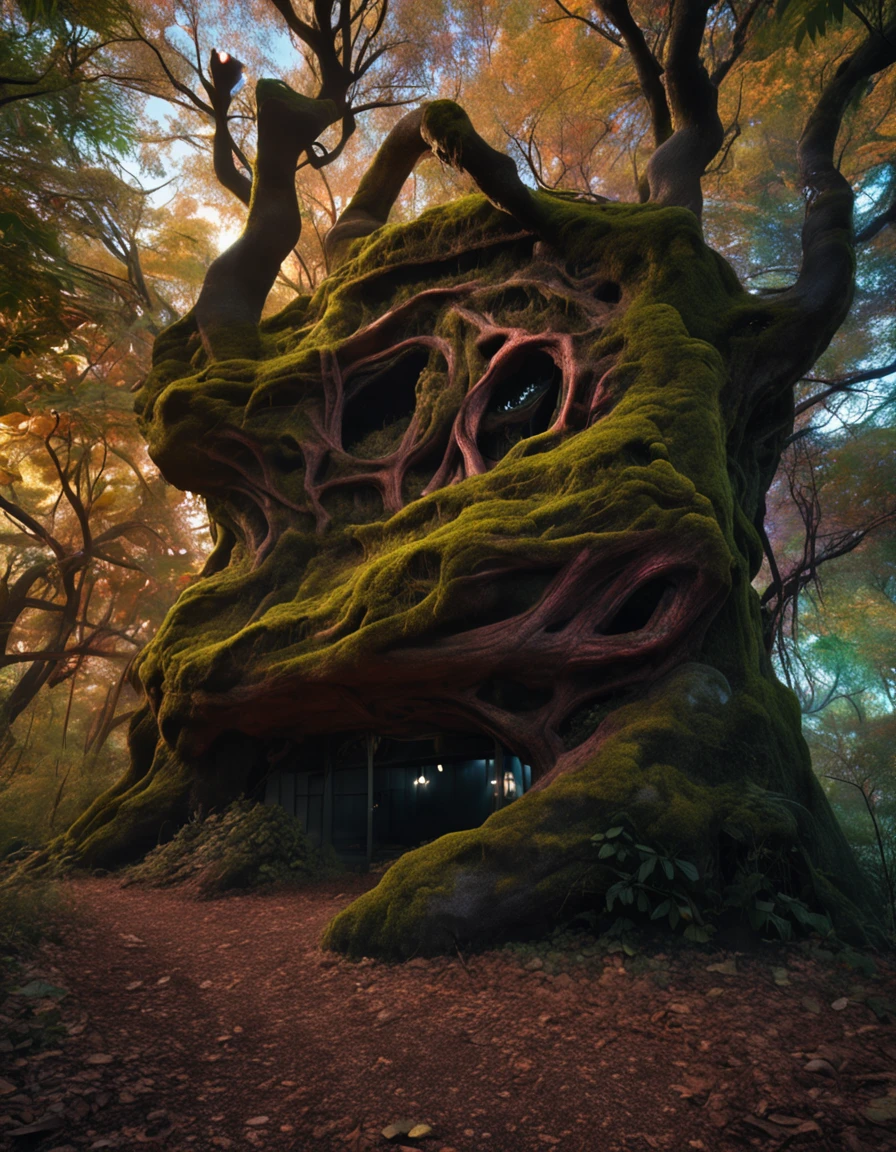 a giant dslr camera covered by vein tree, neon glowing spores