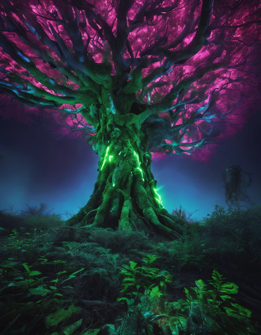 a giant dslr camera covered by vein tree, neon glowing spores