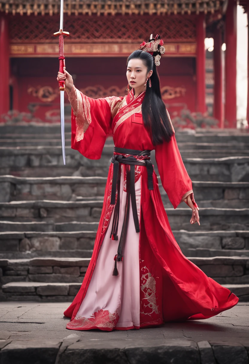 A woman dressed in red Chinese Han clothes holds a sword in front of a crowd, xianxia fantasy, Wuxia, full-body wuxia, Hanfu, xianxia hero, inspired by Du Qiong, Chinese fantasy, three kingdom, palace, A girl in Hanfu, Aegis, The costumes are exquisite, Beautiful face, dignified, vibrancy, hair ornament, chiaroscuro, cinematic lighting, UHD, ccurate, anatomically correct, textured skin, masterpiece, 4K