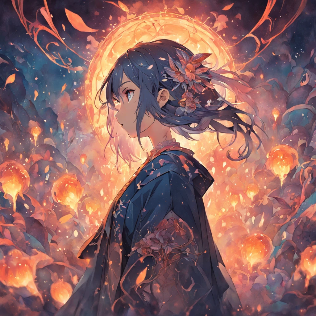 Fantasy world,mystical ambiance,Magical elements,Exquisite painting,Medium focus lens,It is illuminated at dusk,hand painted style,Mysterious hues,Fantasy graphics,Fertility app,Character emotions。 --v 5.1 --AR 2:3