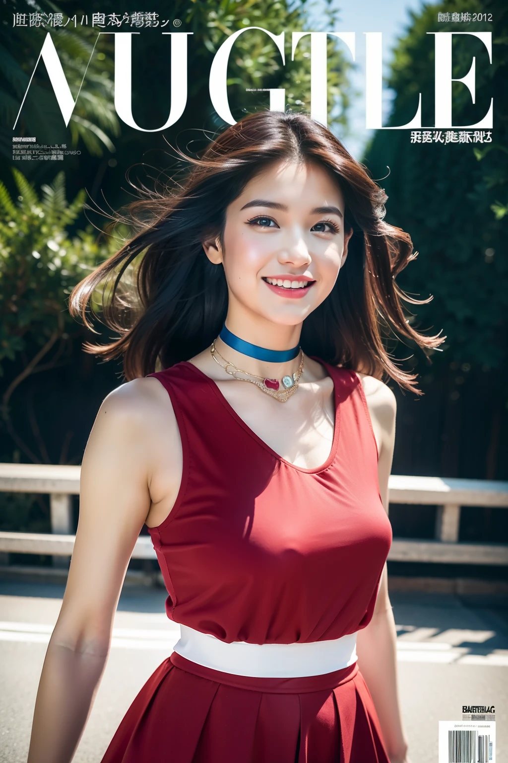 (8K分辨率,Photos above the knee in the distance,offcial art,Cover of a,(FashionMagCover:1.4),attention-grabbing,Oversized title font,Catchy,The title is larger,More eye-catching,modern day),(1womanl,20yr old,(Facial features of Thai Aom:1.8,s delicate face),Lovely face,com rosto detalhado,详细的脸,Jet-black slightly curly hair,(Fluffy and messy, with layers),Redlip,Fair smooth skin,(Fashionable casual womenswear:1.4,(Sleeveless slip T-shirt(The bandeau is light and thin,breathable),pleatedskirt(obi strip,Delicate satin),Short waist long version,V-neck shirt,choker necklace,Formal shirts,校服,a skirt,suspender stockings),Tall and tall,walk,Embrace nature,perfect hand,Ultra-fine clothing material),(Background in the city,Exquisite environmental details,MagazineCover:1.4),(exhilarated,confident smile,Rejoice),(Cover typography,profesional lighting,动态照明),((Strong color contrast,(black in color,blue colors,red colour))),(Golden section,Cover of a,low angle shot,Dynamic photography,Hasselblad photograp,tmasterpiece:1.3),(trendsetting,focus-on,vogue cover,Dynamic street art,Art platform)