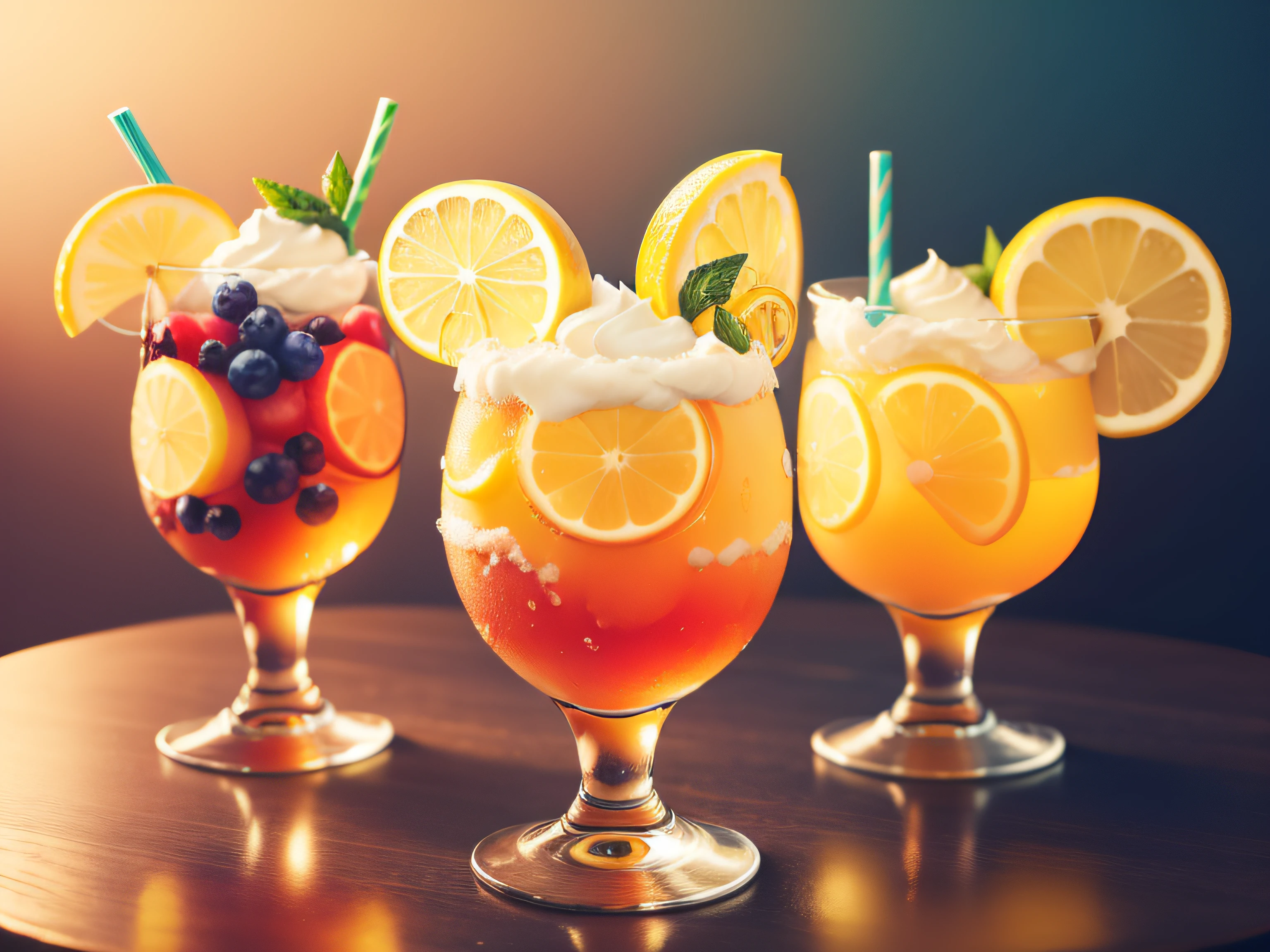A vibrant, colorful still-life of a variety of lemon-based desserts, soda drink, arranged in a decorative pattern.
