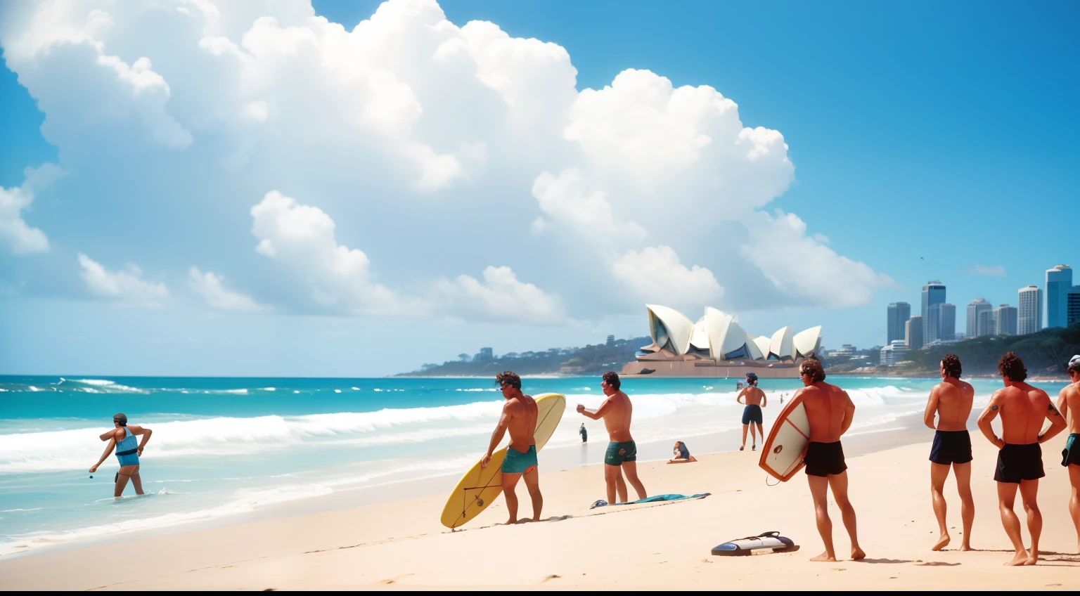 Date: 1985
Country: Australia
Description: On a Sydney beach, surfers catch waves while a boombox blares out hits by INXS and Men at Work, epitomizing Australia's beach and music culture.