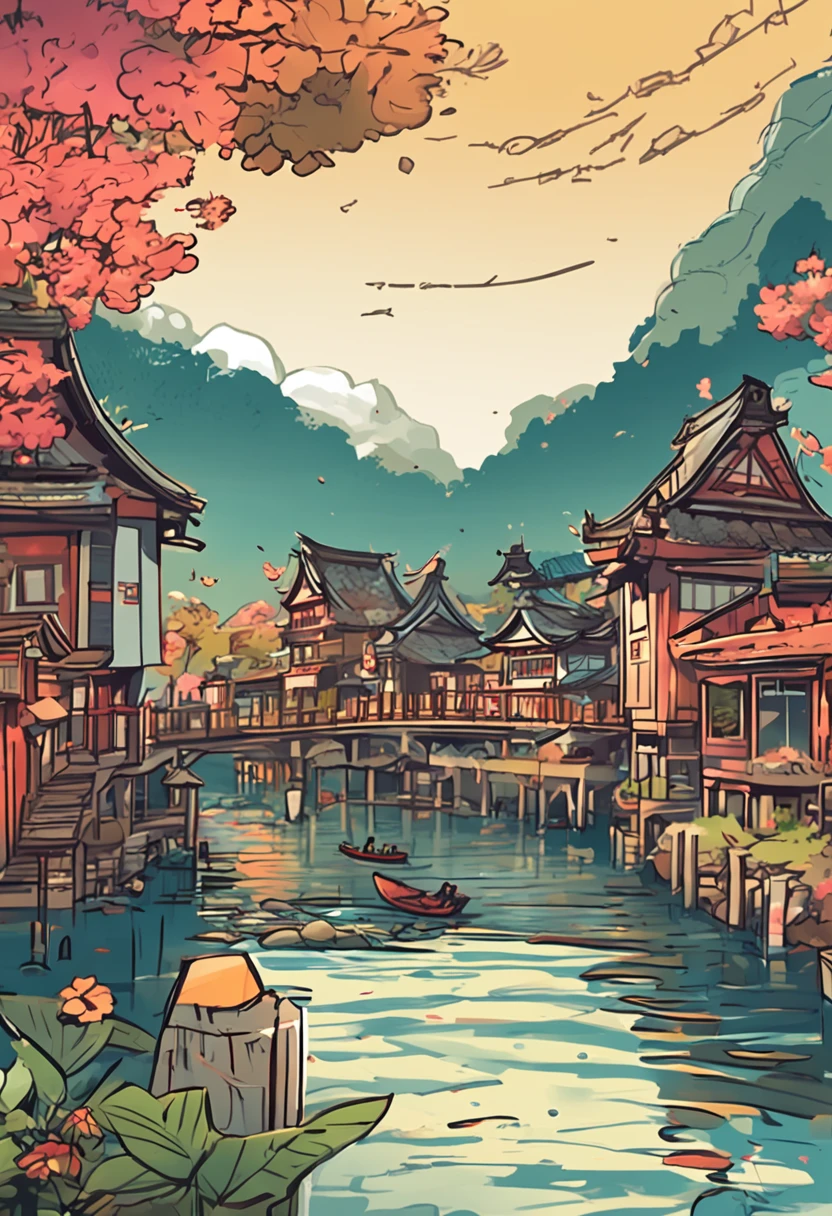 A caricature of a town with a river and a pier, town center background, detailed digital illustration, Japan rural town, animation illustrative style, colorful illustrations, Chinese village
