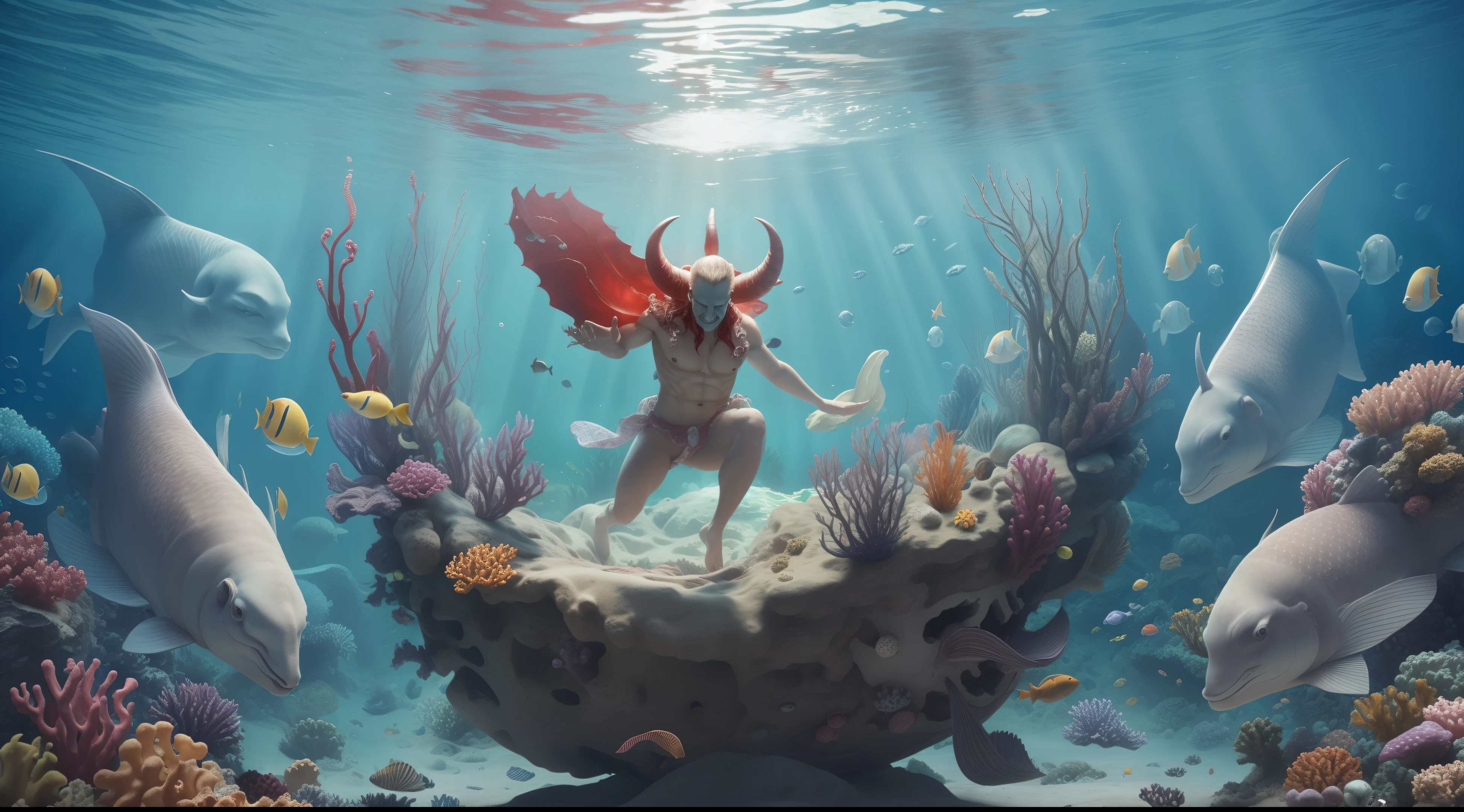 devil taking a birth under a sea with lots of chaos in baground