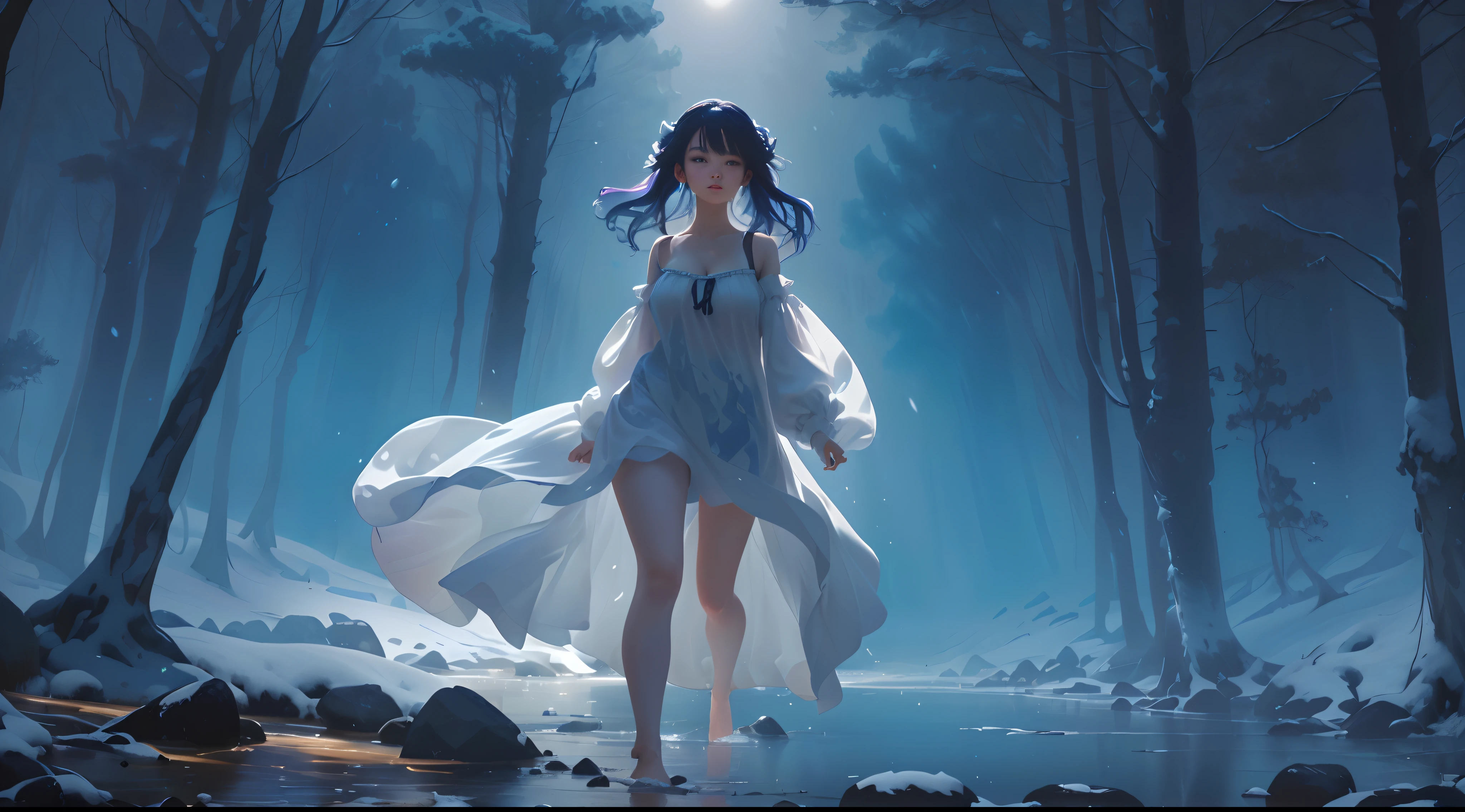 Motion blur, Depth of field,A place where strange boulders are bent,ln the forest,small stream,inverted image,extreme light,fog atmosphere,The moonlight shone on the side of the girl's face,22 year old,realisticlying,no-bra,vacuum,Extra-long sleeves,Off-the-shoulder attire,huge tit,cleavage,Full length of colorful hair(1.9),Gradient of color,Messy hair,Barefoot,Full body like,realskin,realcumAI,Snow-white skin,Snow-white thighs,Top image quality,Extreme light and shadow,Colorful tights,High details,Standing painting,lines of movement,Dance,komono,PC Wallpapers,Two-thirds of the canvas generates the body,move chart