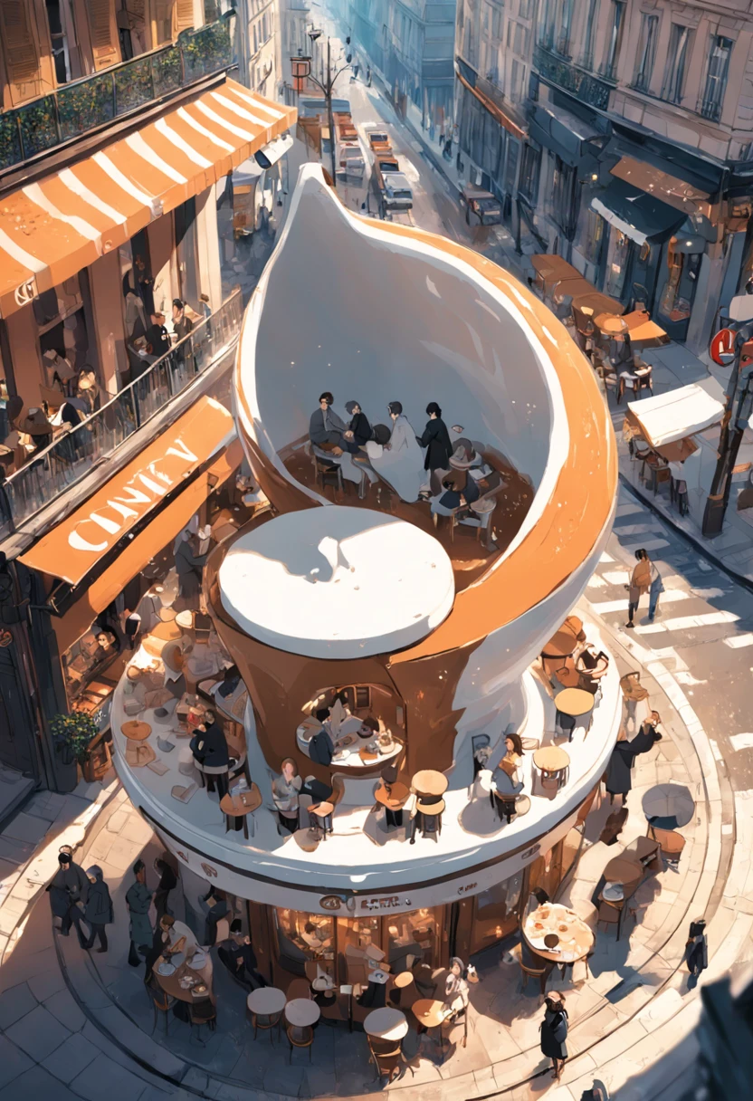 On a spring day in Paris, couples sit in cafés at intersections, drinking coffee. Atop one café is a huge white sculpted coffee cup, looking as though the coffee is about to spill out.